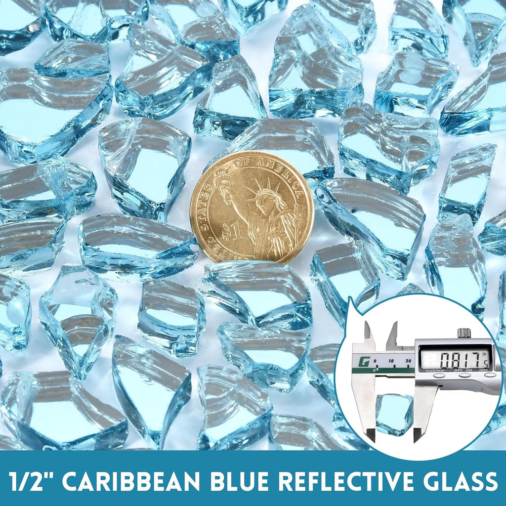 GasSaf 1/2 Inch Fire Glass Reflective Tempered Fireglass Cut Crushed FireGlass for Fire Pit, Fireplace, Replaces Existing Gas Logs & Lava Rocks (10 Pound)(Caribbean Blue Reflective).