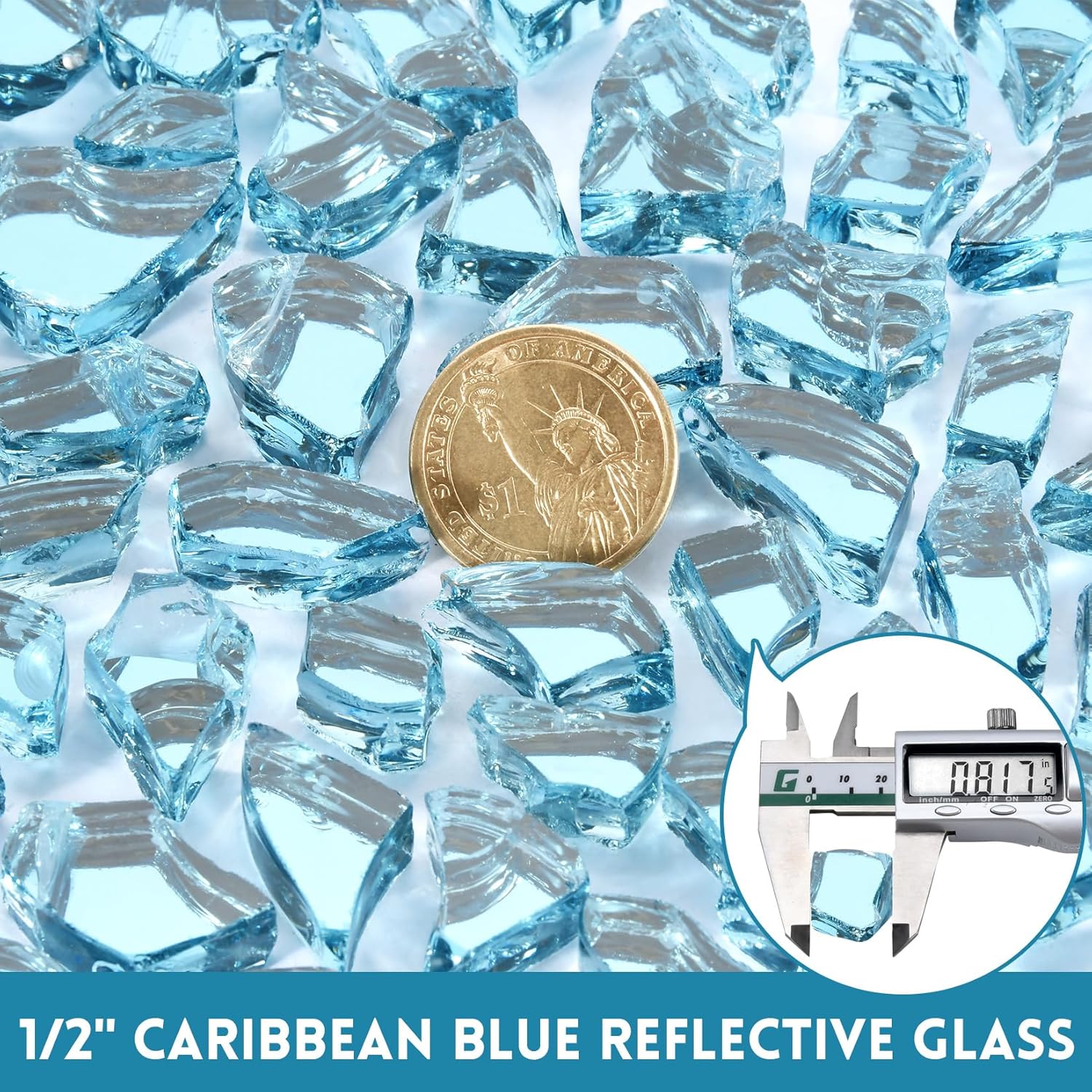 GasSaf 1/2 Inch Fire Glass Reflective Tempered Fireglass Cut Crushed FireGlass for Fire Pit, Fireplace, Replaces Existing Gas Logs & Lava Rocks (10 Pound)(Caribbean Blue Reflective).