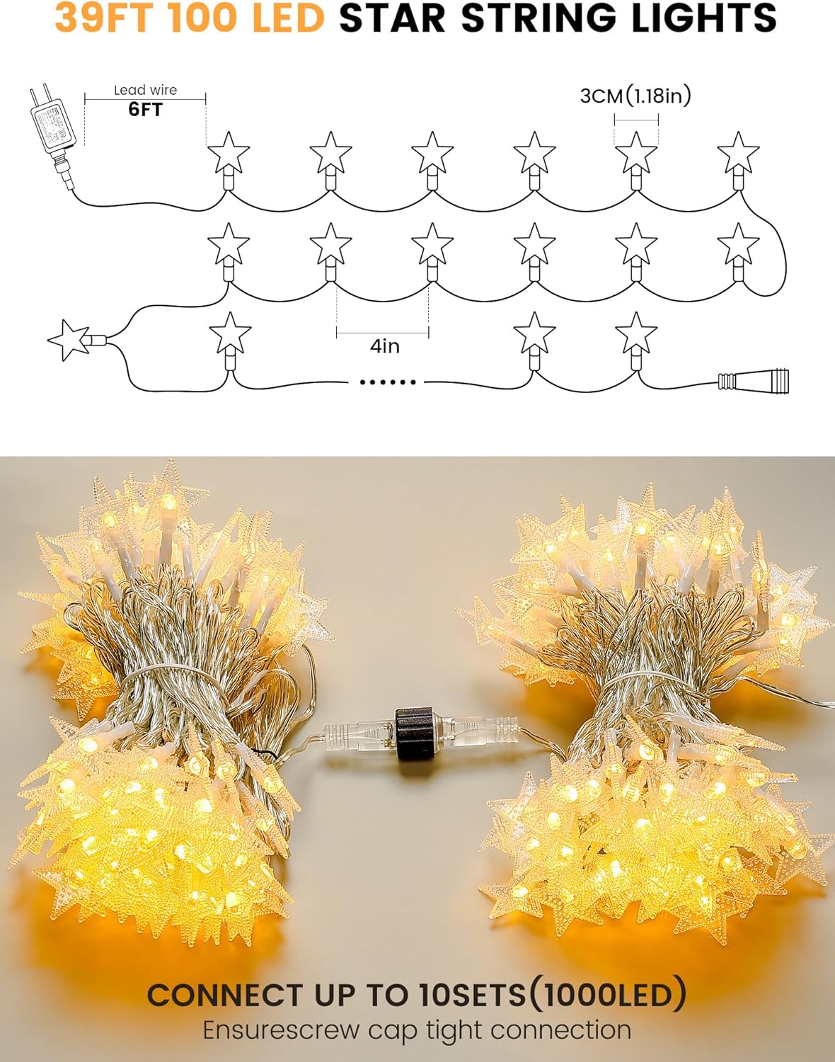 Star String Lights Plug in,33ft 100LED Star Christmas Lights with Remote and Timer, Fairy Lights Waterproof for Indoor Outdoor Bedroom Classroom Dorm Wedding Party Holiday Decor,Warm White