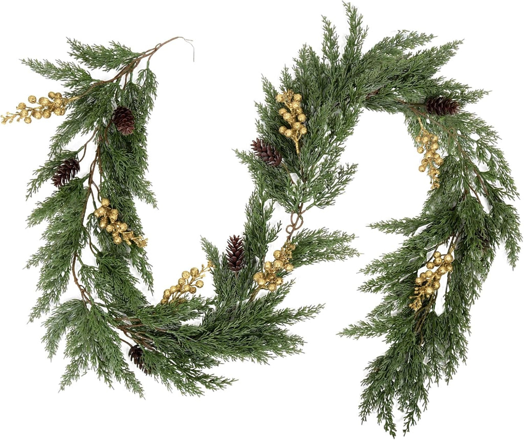 SJL Realistic Winter Greenery Garland Faux Christmas Garland with Gold Berry Pine Needle Greenery Artificial Cedar Cypress Garlands for Fireplace Mantel Stairs Table Porch Holiday Christmas Decor