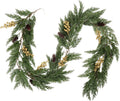 SJL Realistic Winter Greenery Garland Faux Christmas Garland with Gold Berry Pine Needle Greenery Artificial Cedar Cypress Garlands for Fireplace Mantel Stairs Table Porch Holiday Christmas Decor