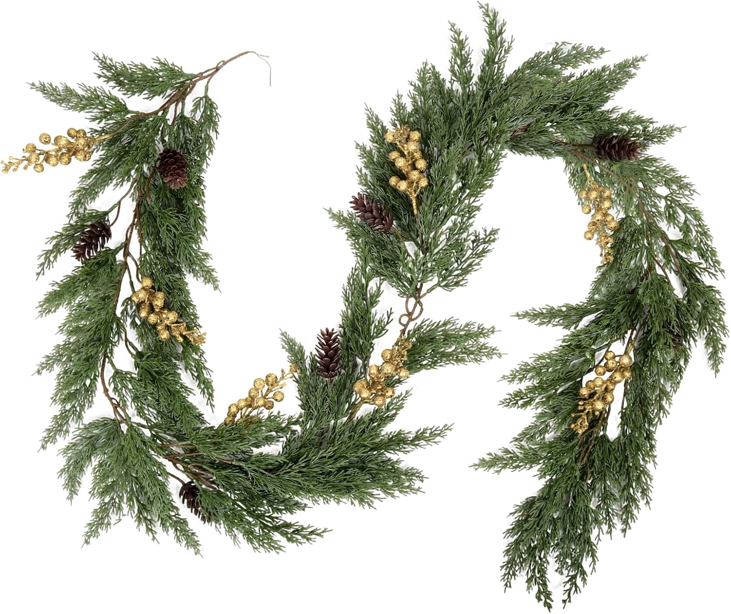 SJL Realistic Winter Greenery Garland Faux Christmas Garland with Gold Berry Pine Needle Greenery Artificial Cedar Cypress Garlands for Fireplace Mantel Stairs Table Porch Holiday Christmas Decor