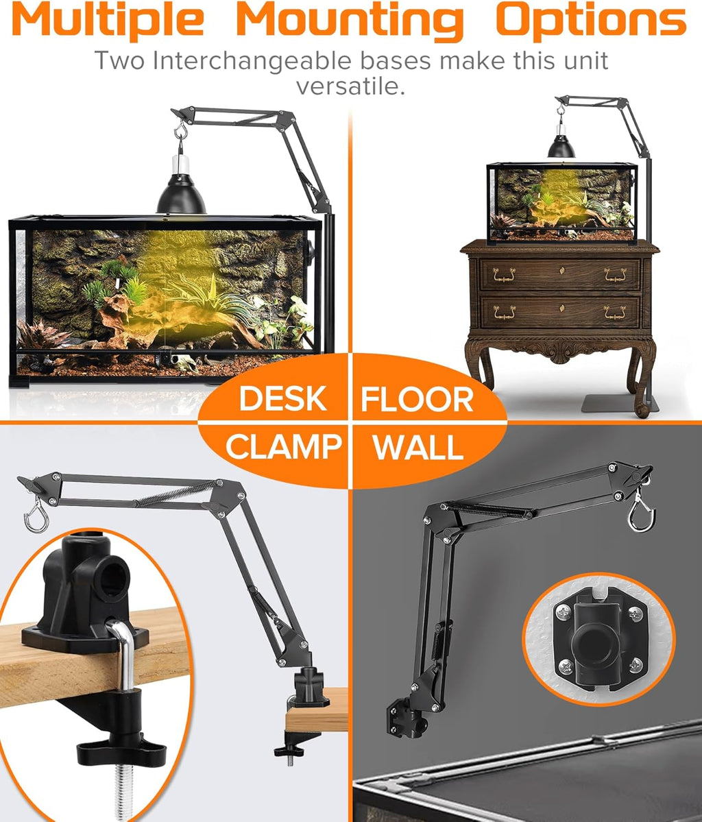 4 IN 1 Metal Reptile Lamp Stand with Swing Arm for Terrarium - Floor Light Stand for Reptile Tank - Adjustable Height & Width & Angle Heat Lamp Holder - Heating Light Bracket & Hanger (Max Height 72")