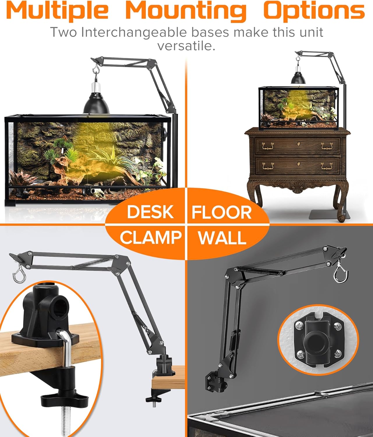 4 IN 1 Metal Reptile Lamp Stand with Swing Arm for Terrarium - Floor Light Stand for Reptile Tank - Adjustable Height & Width & Angle Heat Lamp Holder - Heating Light Bracket & Hanger (Max Height 72")