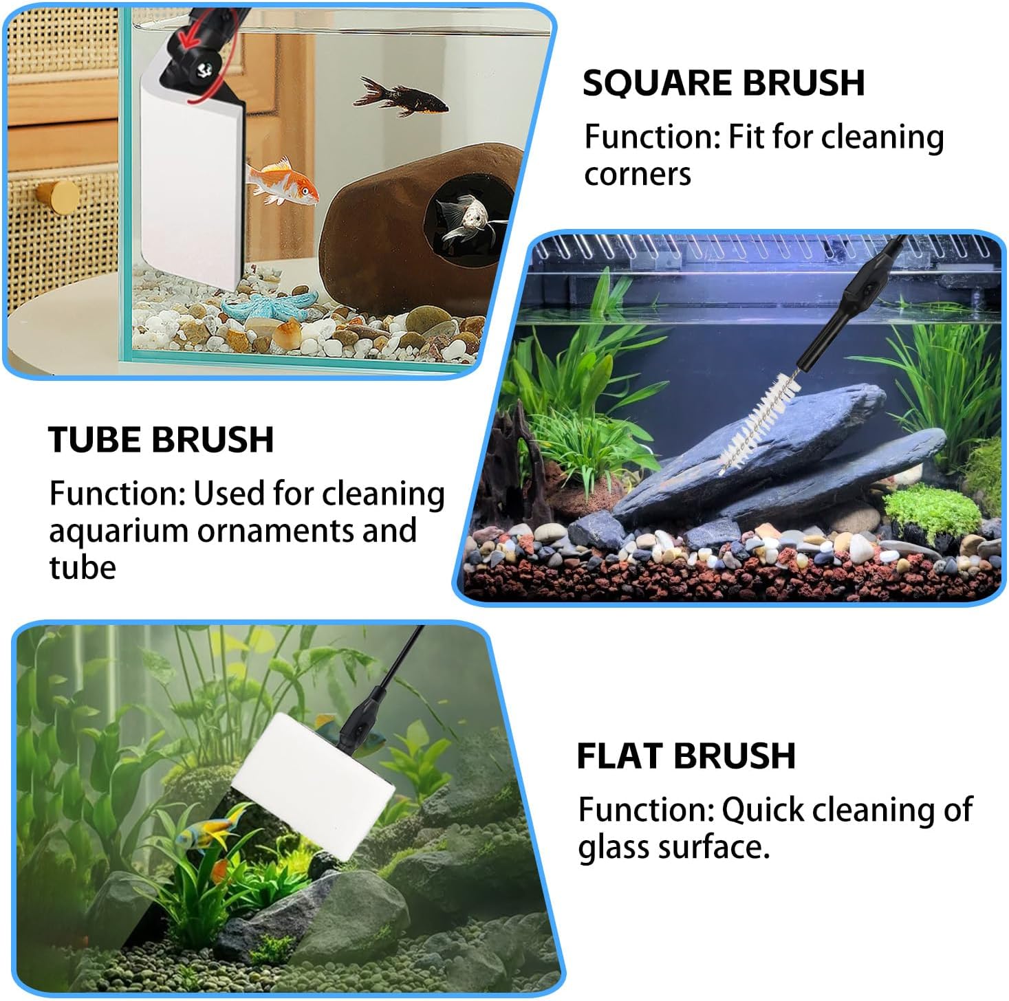 Aquarium Cleaning Tools, 7 in 1 Fish Tank Cleaning Kit with Adjustable Long Handle,Aquarium Sponge Brush, Scraper Cleaner,Fish Net,Tube Brush,Fork,Gravel Rake for Fish Tank Cleaner