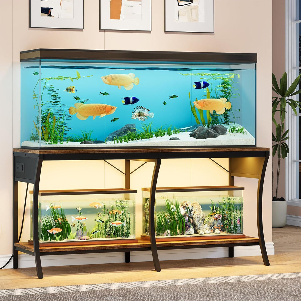 55-90 Gallon Fish Tank Stand with Power Outlets, 2-Tier Aquarium Stand with LED Light Strip & Open Storage Shelves, Heavy Duty Metal Table for Reptile Tank, 1150 LBS Capacity
