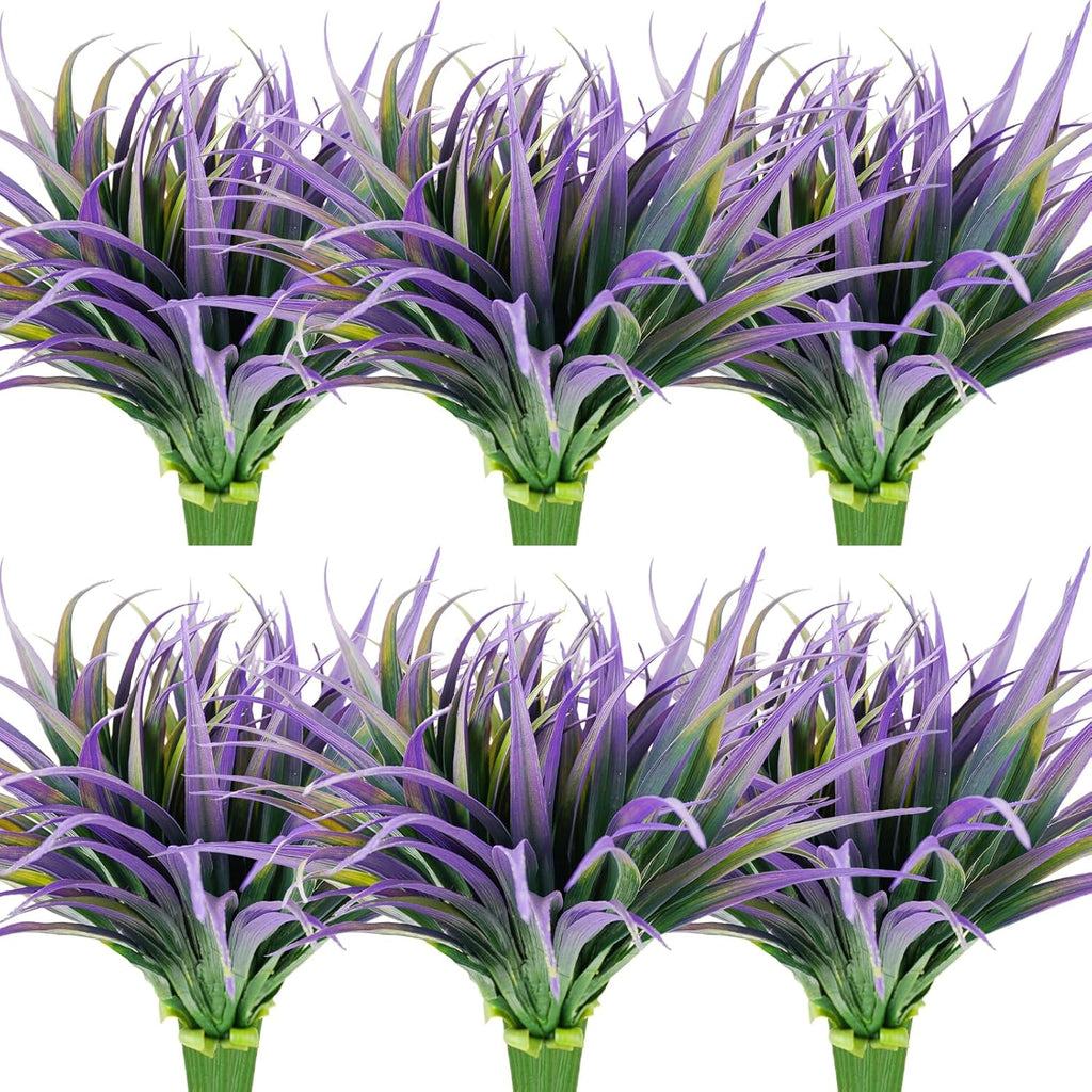24Pcs Artificial Grass Plant Fake Outdoor Plastic Plants UV Resistant Faux Grasses Greenery Shrubs for Window Box Garden Patio Porch Home Decor Light Purple