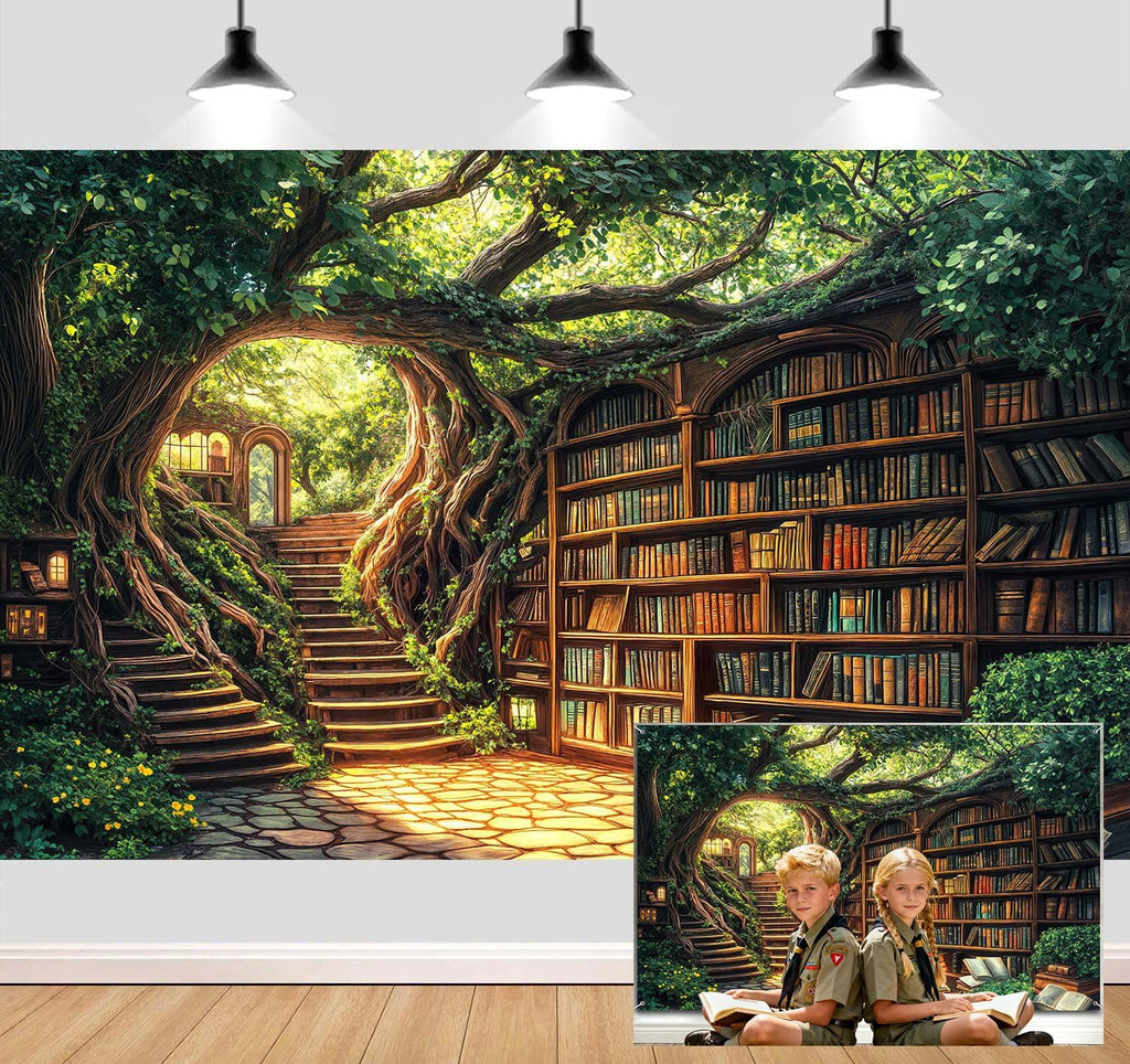 12X8ft Forest Fairy Enchanted Library Backdrop Magical Woodland Bookshelf Green Garden for Photography Magic Nature Party Birthday Baby Shower Photo Shoots Decor Props