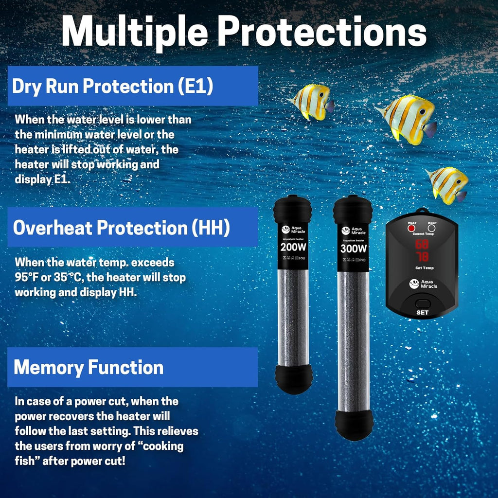 AquaMiracle Upgraded 200W Aquarium Heater Fish Tank Heater Turtle Heater Super Compact Aquarium Heater, Dry-Run/Overheating Protection and Memory Function, Dual LED Display, for 20-40 Gal Tanks