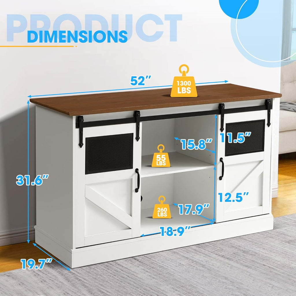 TITIMO 55-75 Gallon Fish Tank Stand with Power Outlet, Heavy Duty Large Aquarium Stand with Sliding Barn Door and Cabinet Storage for 2 Fish Tank Turtle Tank Reptile Terrarium, 1300LBS Capacity(White)