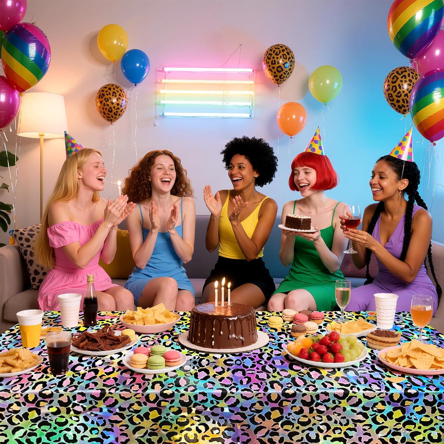 2 Pack Colorful Leopard Print Holography Tablecloth, 54x108, Disposable Plastic Table Cover for Jungle Safari, Cheetah Theme, Birthday Party, and Event Decorations
