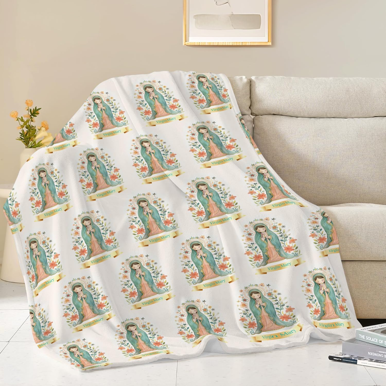Cute Cartoon Virgin Mary Throw Blanket Gifts for Kids Girls Boys Adults Soft Cozy Plush Fluffy Fuzzy Fleece Blanket Decor 60''X80''
