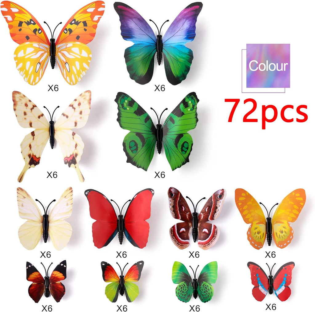 LiveGallery 72 PCS 6 Colors Removable 3D DIY Beautiful Butterfly Wall Decals Colorful Butterflies Art Decor Wall Stickers Murals for Kids Baby Boy Girls Bedroom Classroom Offices (Color)