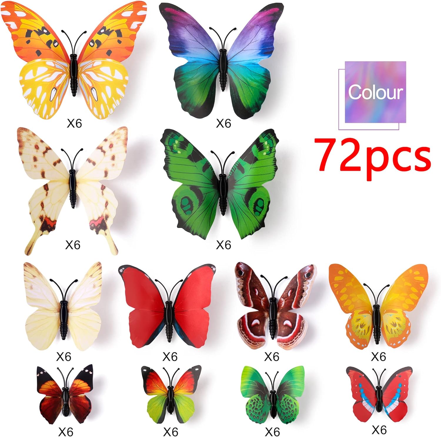 LiveGallery 72 PCS 6 Colors Removable 3D DIY Beautiful Butterfly Wall Decals Colorful Butterflies Art Decor Wall Stickers Murals for Kids Baby Boy Girls Bedroom Classroom Offices (Color)