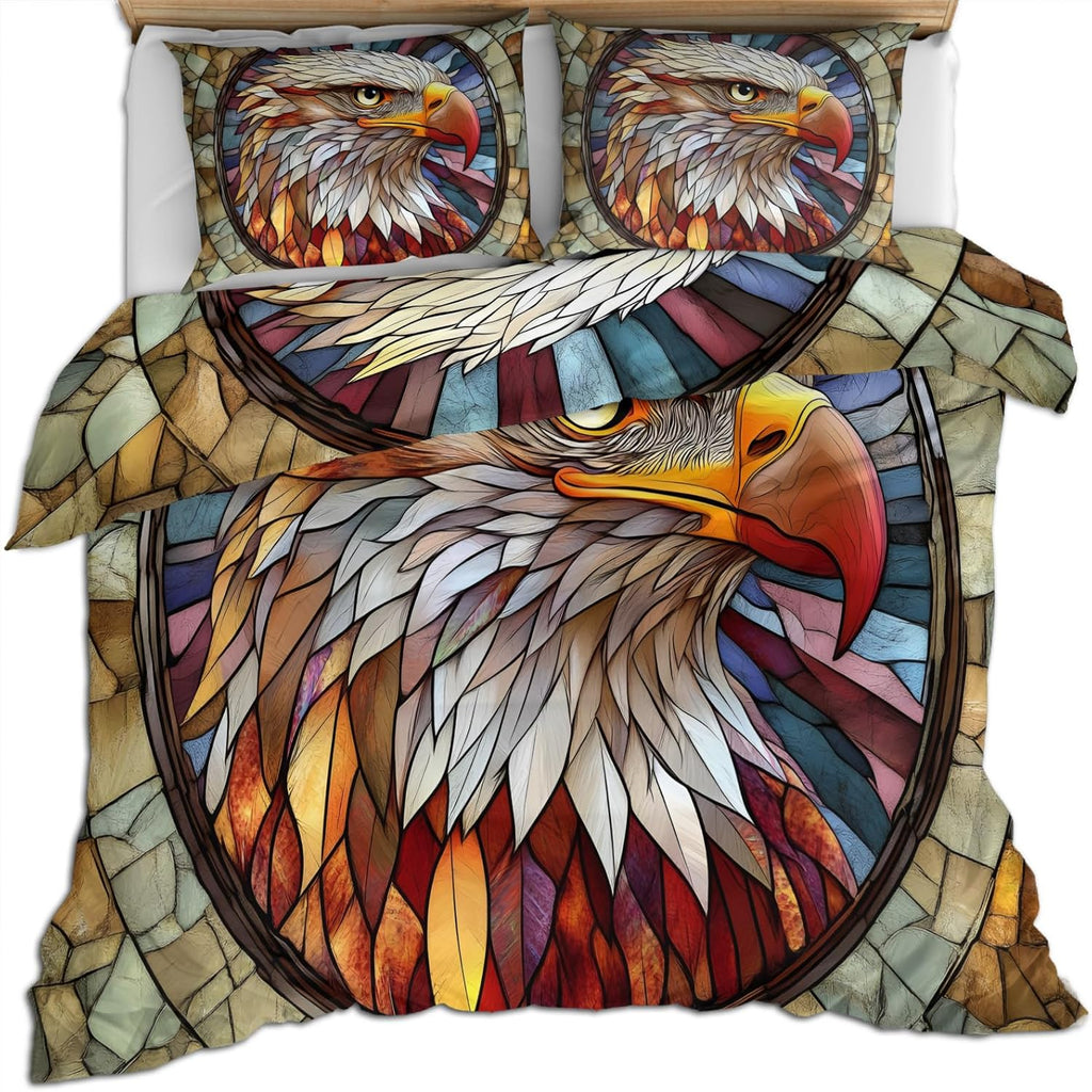 Eagle Duvet Cover Twin Colorful Enamel Glass Eagle Bedding Set 2 Piece for Kids Bedroom Vintage Medieval Comforter Cover with Zipper Ties & 1 Pillowcases