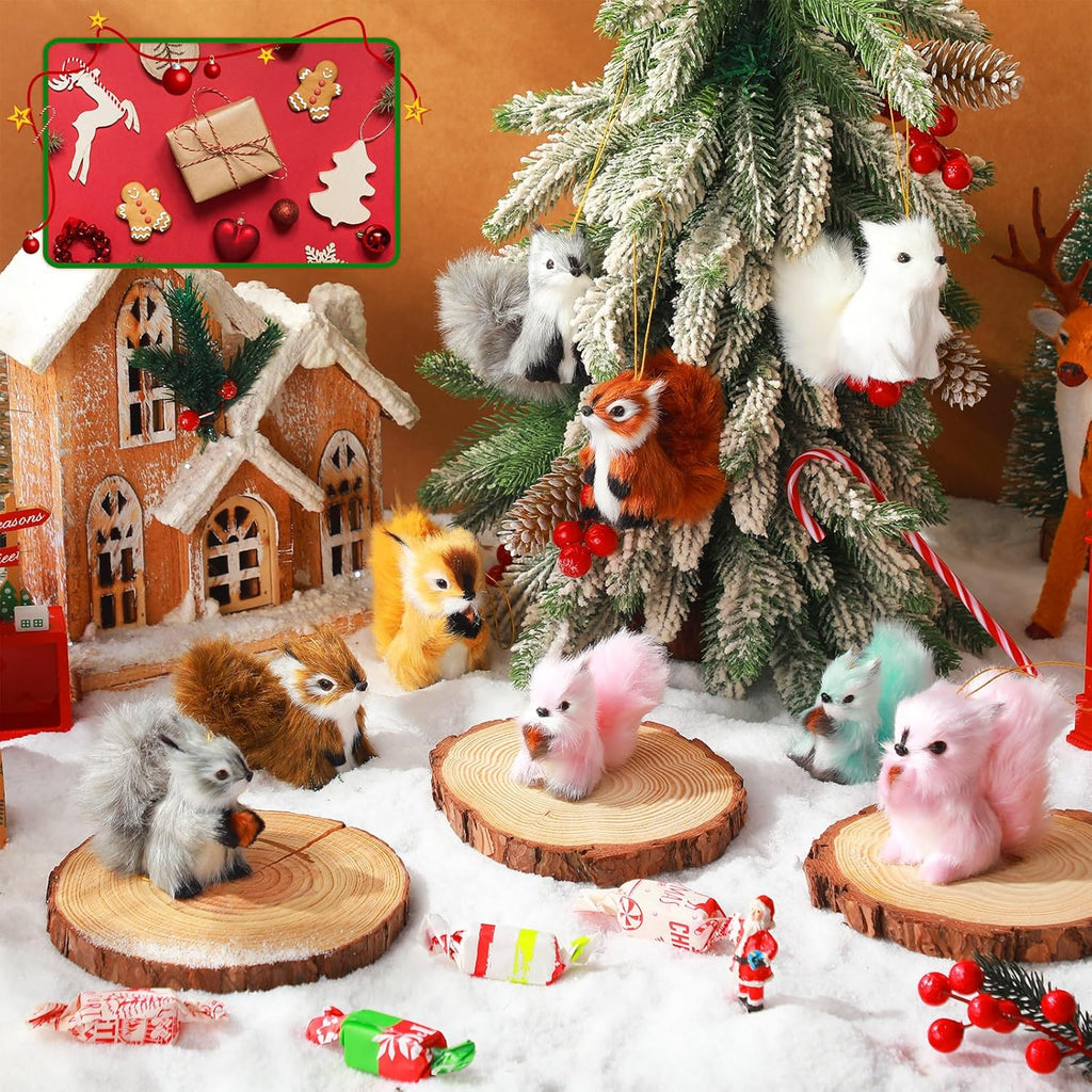 Skylety 10 Pieces Forest Animals Ornaments Woodland Animal Faux Fur Plush Hanging Ornaments Family Educational Playset for Fall, Christmas, Winter Birthday Party Supplies(Squirrels)