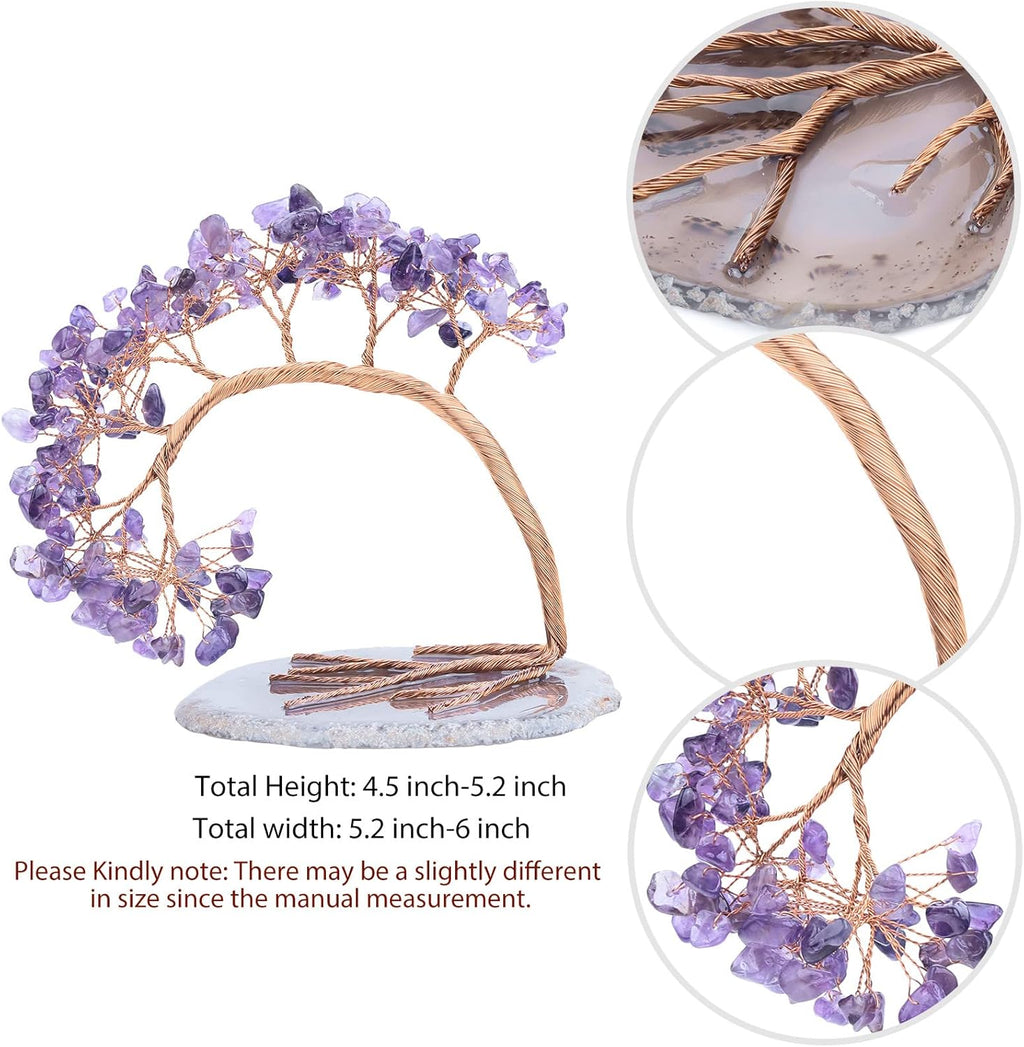 mookaitedecor Natural Amethyst Crystal Money Tree Agate Slice Base Feng Shui Bonsai Crystal Tree for Wealth Luck Desk Decor, 4.5-5.2 Inch High