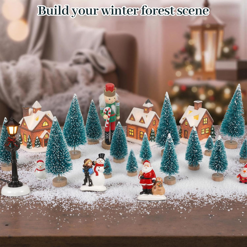 LOVEINUSA 40 Pack Mini Christmas Bottle Brush Trees, Tabletop Snow Flocked Village Trees in 5 Sizes for Christmas Village, Diorama & Holiday Table Decor