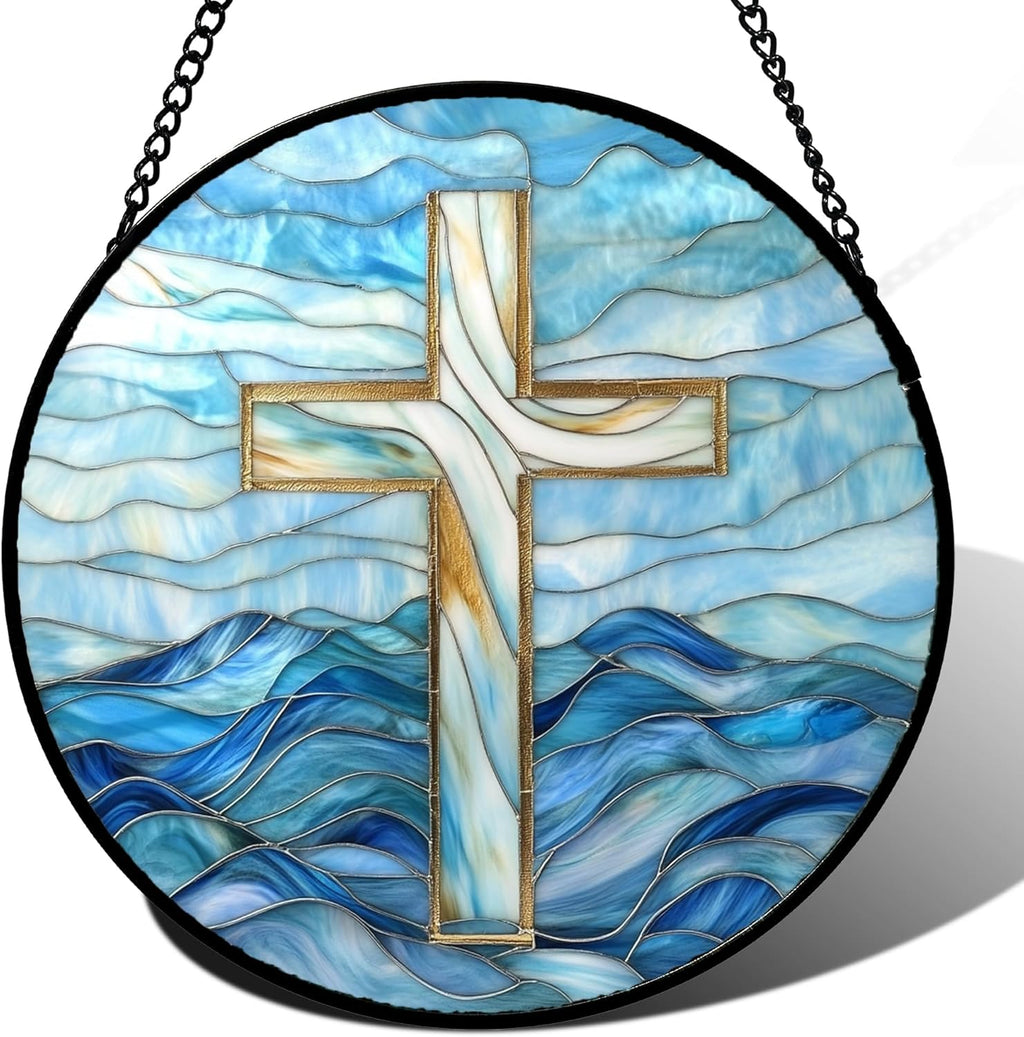 Christian Gifts for Women - Blue Cross Stained Glass Window Hanging Jesus Easter Ocean Waves Sun Catcher Garden Religion Decor Mother's Day Catholic Gift for Men Grandma Mom Her Nana 11.8"