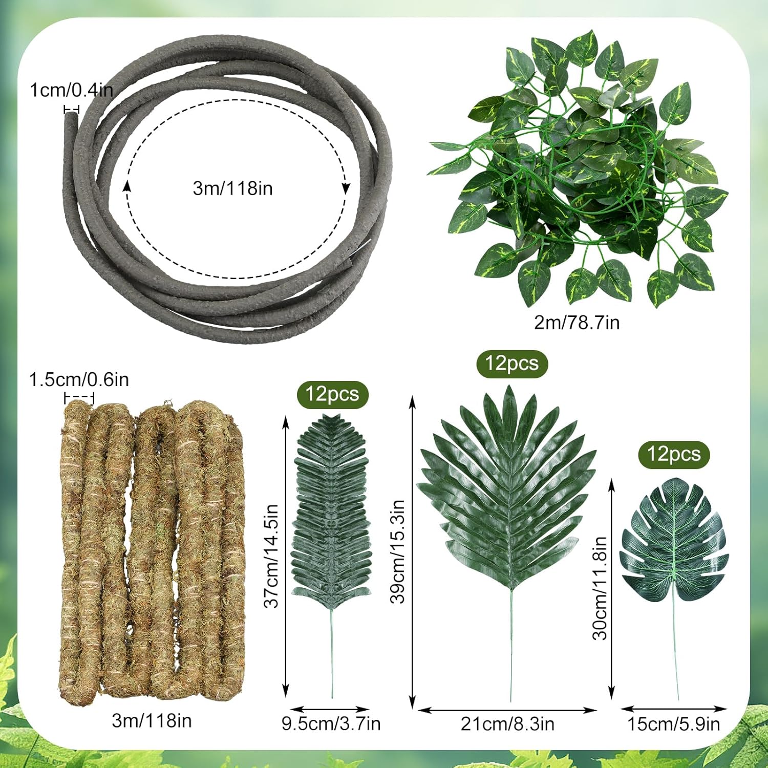 39pcs Jungle Theme Party Decorations 1 10ft Natural Moss Rope 1 10ft Artificial Rattans 36 Tropical Palm Leaves Ivy Fake Vines for Indoor Outdoor Tropical Rainforest Safari Rattan Party Decor