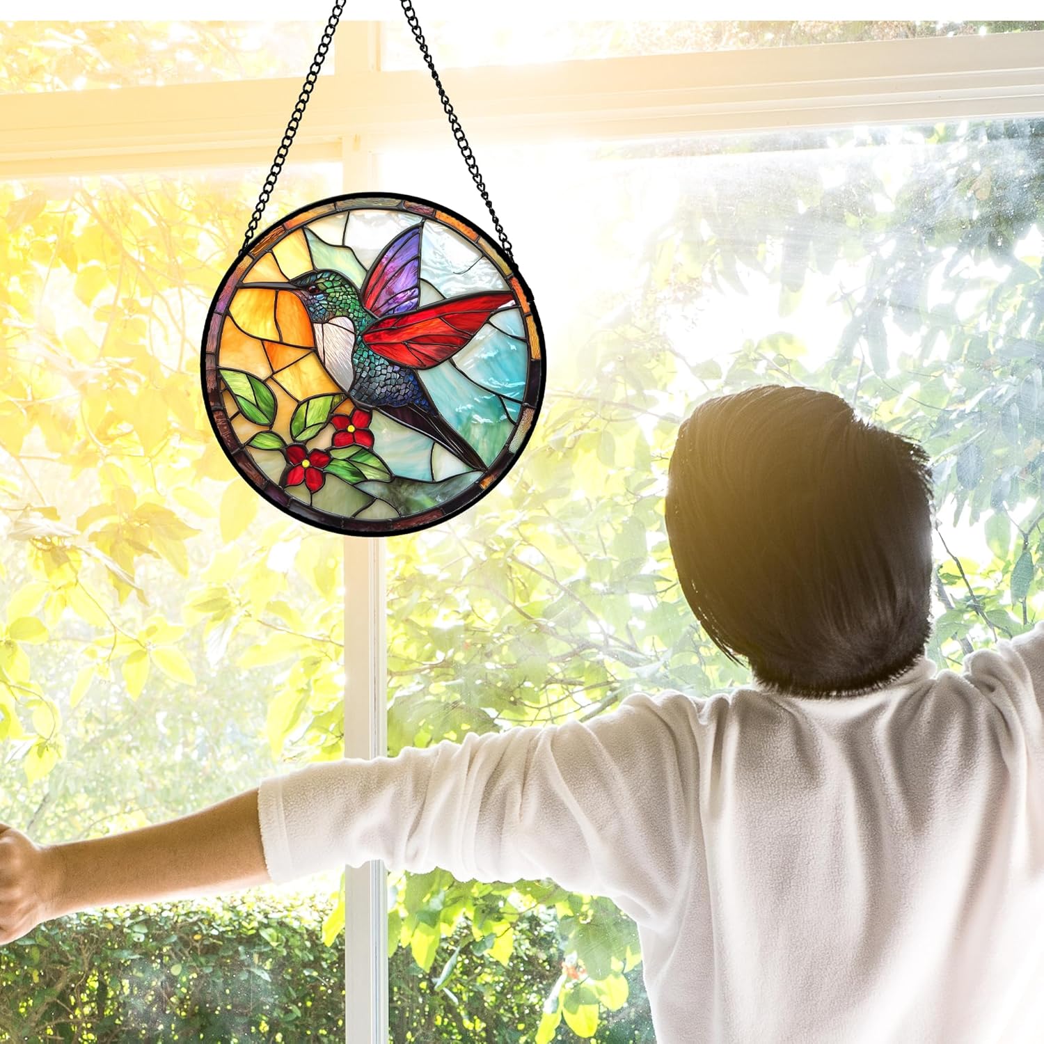 Stained Glass Window Hanging, Hummingbird Gifts Sun Catchers Diamond Glass Panel Hangings Birds Suncatcher Decor for Birthday for Women, Men, Wife, Aunt, and Mom 6.3 in