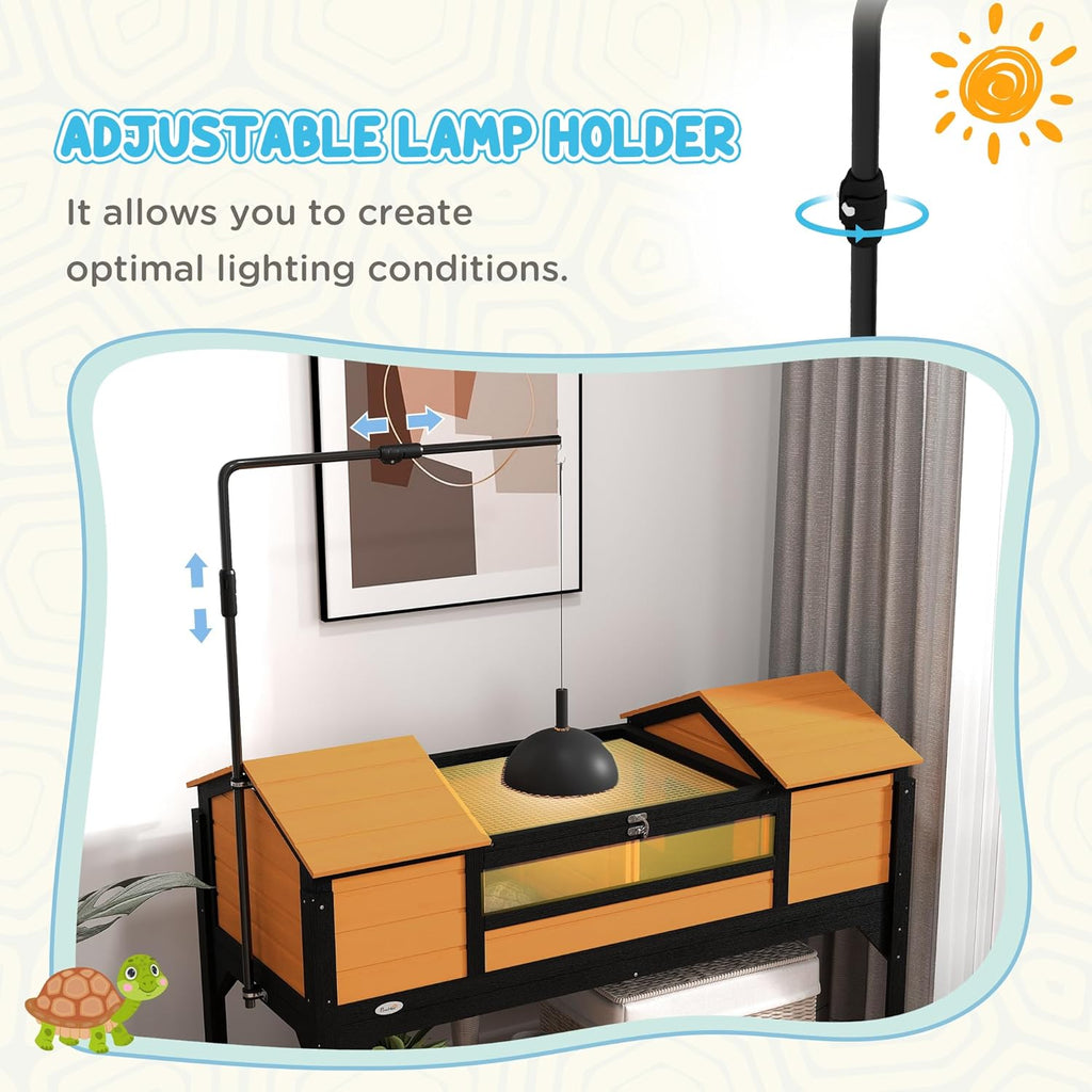 PawHut Tortoise Habitat with Adjustable Lamp Holder, Wooden Tortoise Enclosure with Storage Shelf, Dual Main Houses, Attached Tray, Openable Lid, Yellow