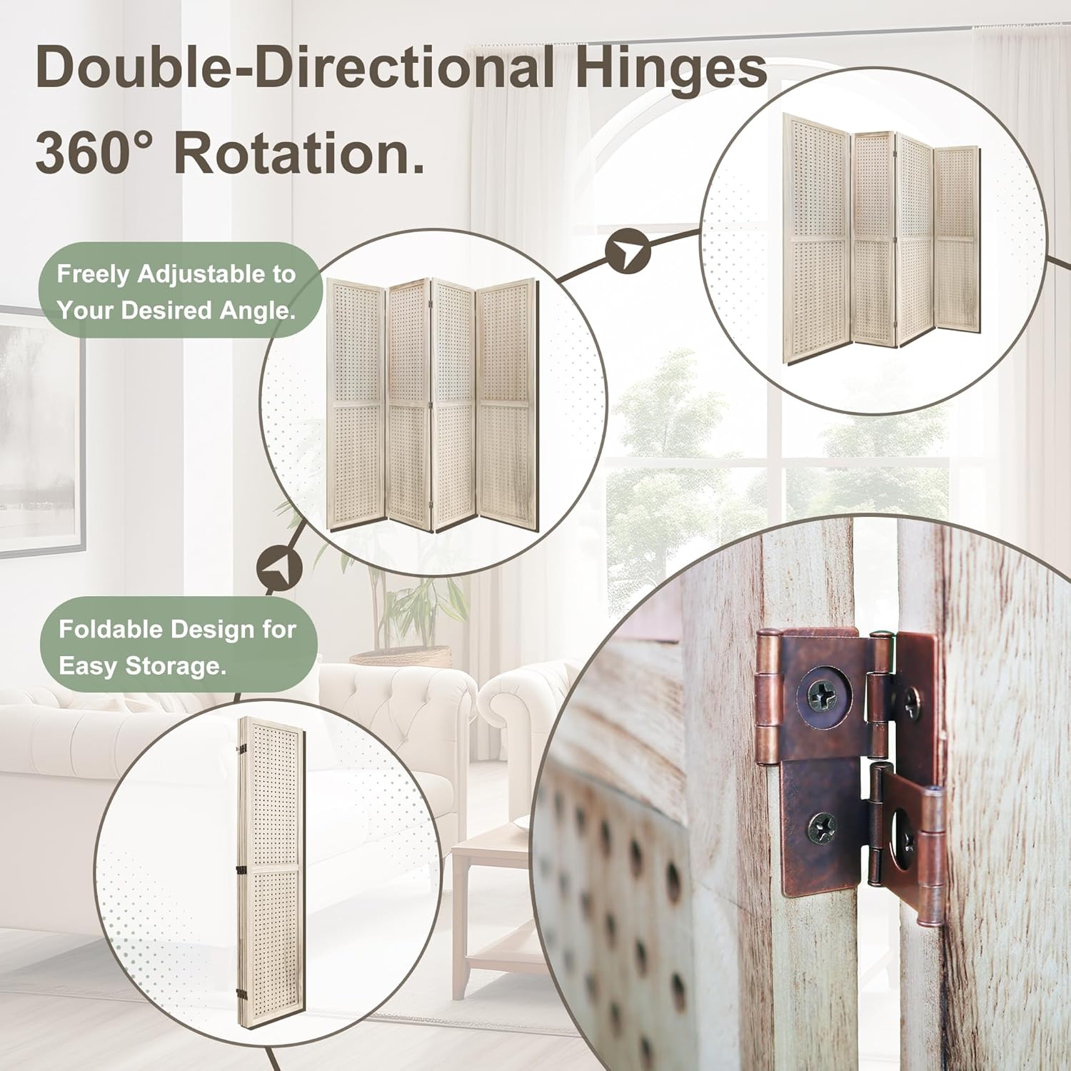 4 Panel Room Dividers 5.6FT Wall Divider with Freestanding Peg Board Display Wooden Folding Privacy Screen Foldable Partition Wall for Studio Apartment, Living Room, Natural Wood