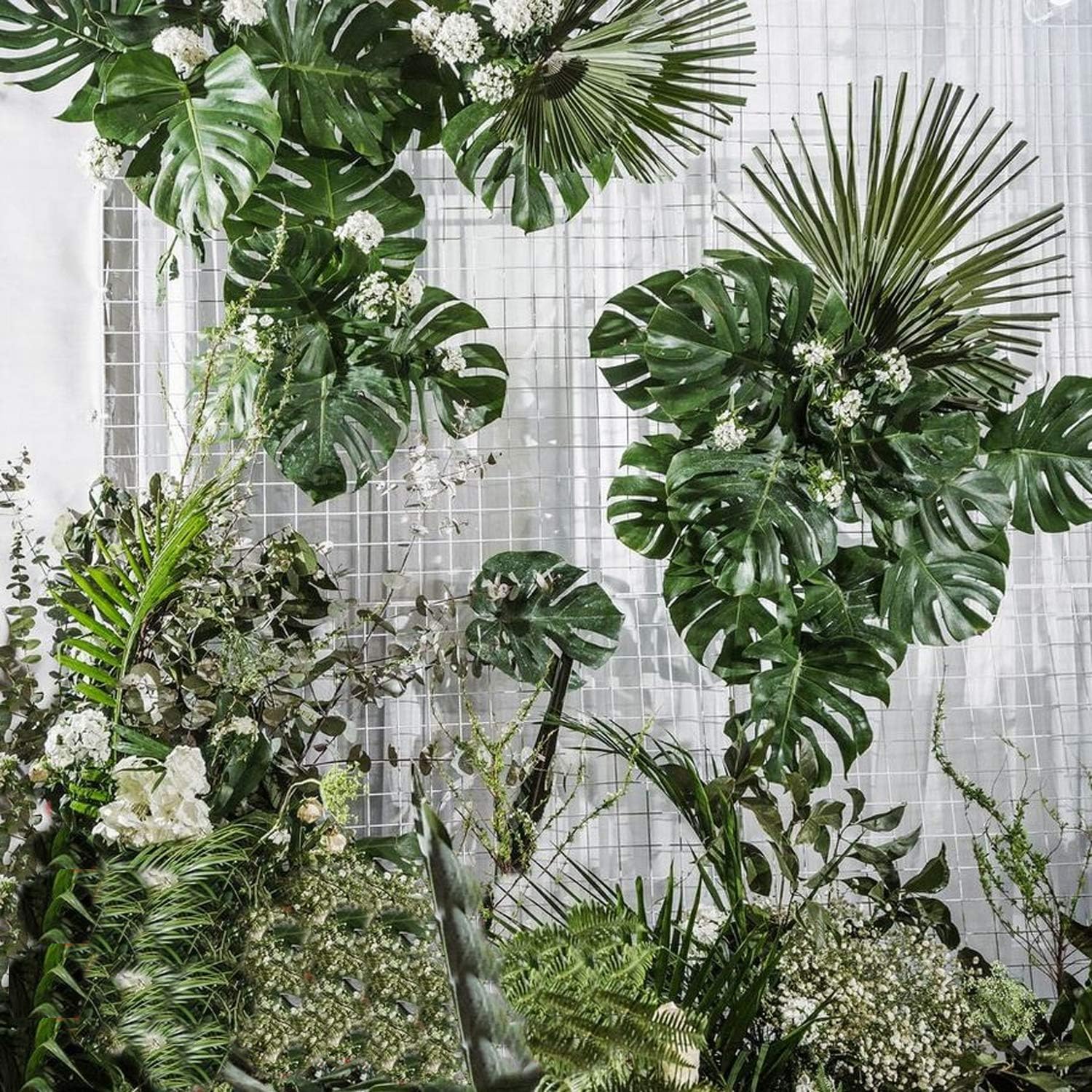 80pc 4-Kind Artificial Palm Leaves with Stems - Faux Monstera, Tropical Plant Simulation Safari Leaves for Tropical Decorations, Beach, Birthday, Jungle, Hawaiian Luau Parties