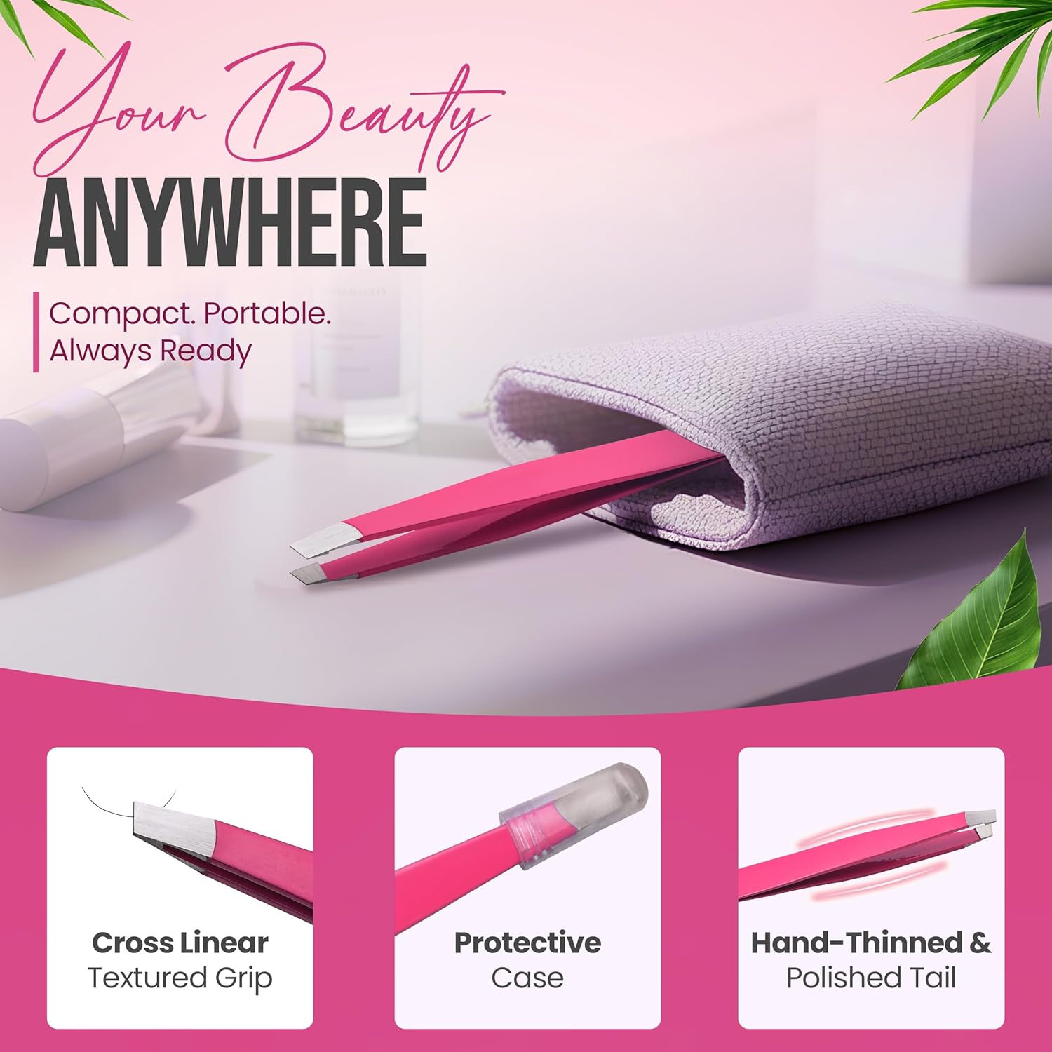 Slanted Stainless Steel Tweezers for Men & Women - Precision Eyebrow Tweezers for Facial Hairs, Strong Grip, Fine Tip, Professional Tweezer for Plucking & Grooming (Neon Pink)