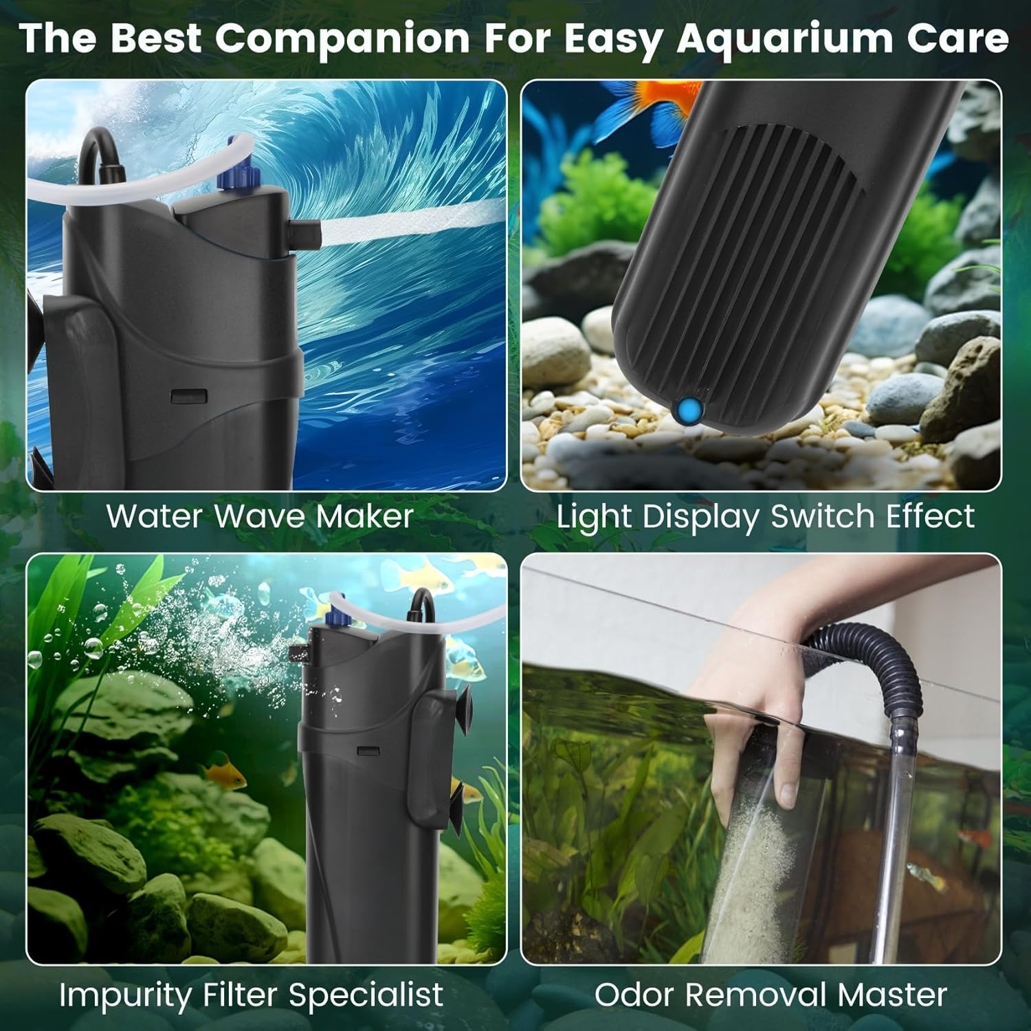 Aquarium Filter U-V for 40-150 Gallon, 400GPH Fish Filter with 9W U-V Double Light Green Water and Algae Submersible Powerful Clean Pump for Turtle Tank Freshwater Crystal Green Killing
