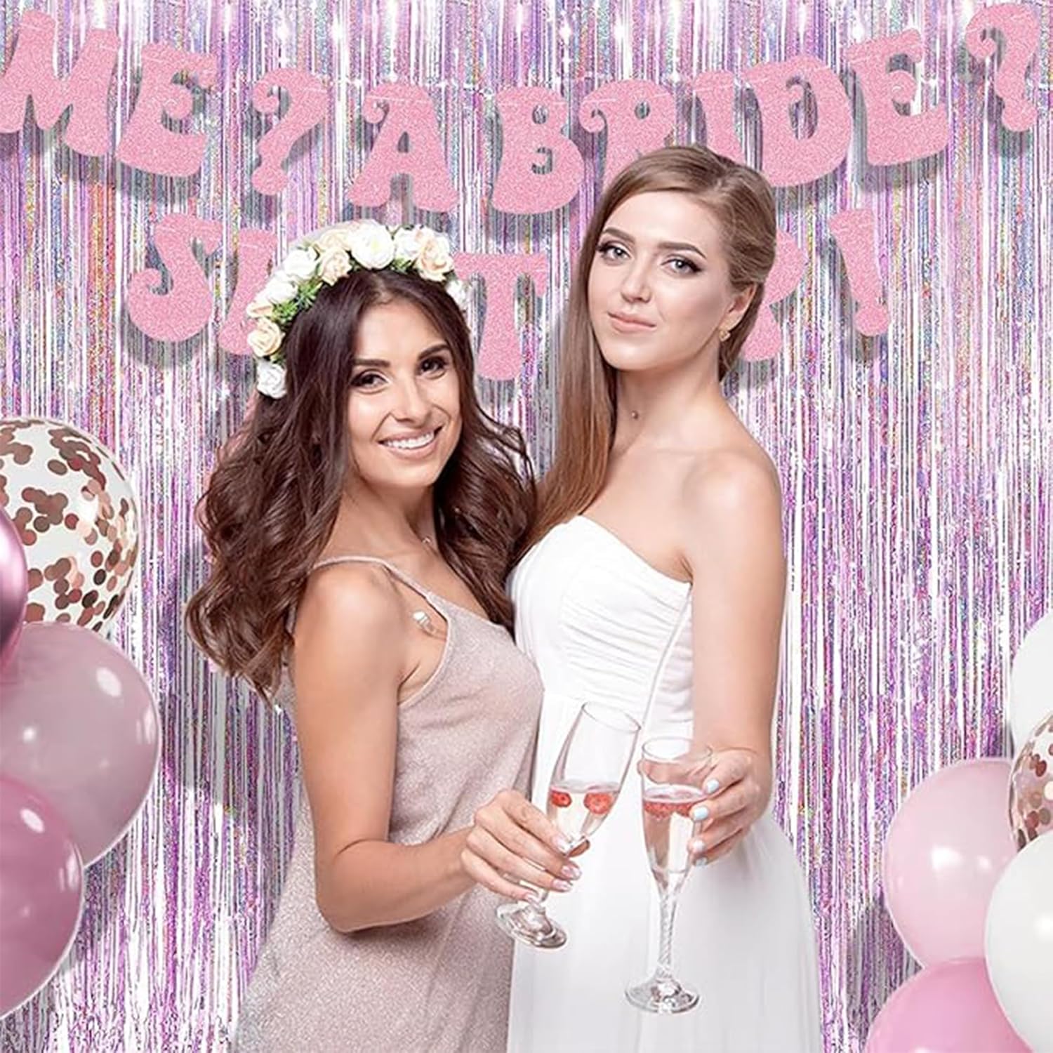 BRAVESHINE Pink Streamers Tinsel Foil Fringe Curtains - 2Pcs 3.2x8.2ft Metallic Party Backdrop for Christmas/New Year/Snowflake/Girl/Princess/Birthday/Bridal Shower/Bachelorette/Engagement Decorations