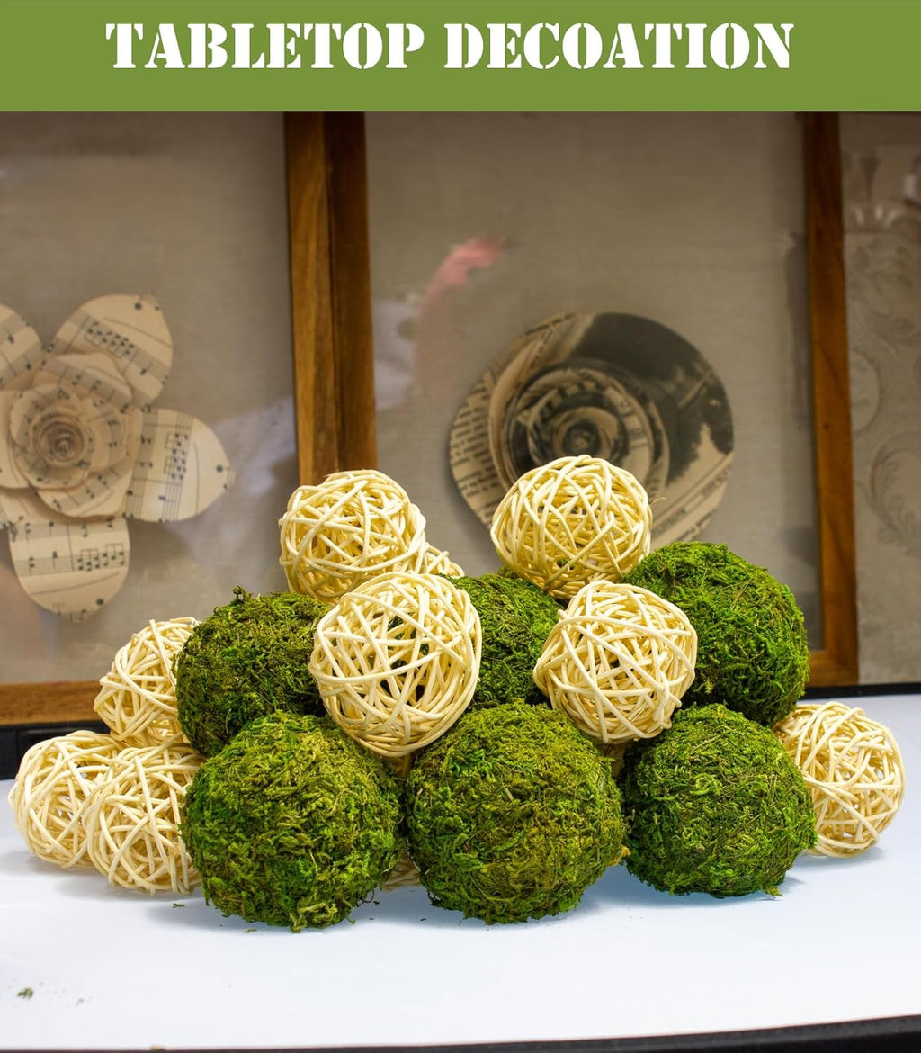 22 Pack Moss Balls 8pcs 3.2"/ 2.3" and Wicker Rattan Balls 6pcs 2.2" for Bowls Decorative Balls Filler for Centerpiece Home Tabel Decor