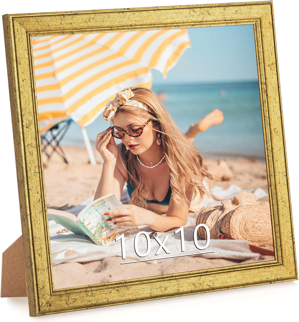 Wood 10x10 Frame Gold, Ornate Natural Wooden 10x10in Picture Frames, Modern Golden 10 x 10inch Gallery Photo Pic Frame with HD Plexiglass, Horizontal Vertical Wall Mounting Tabletop Display 1Pcs