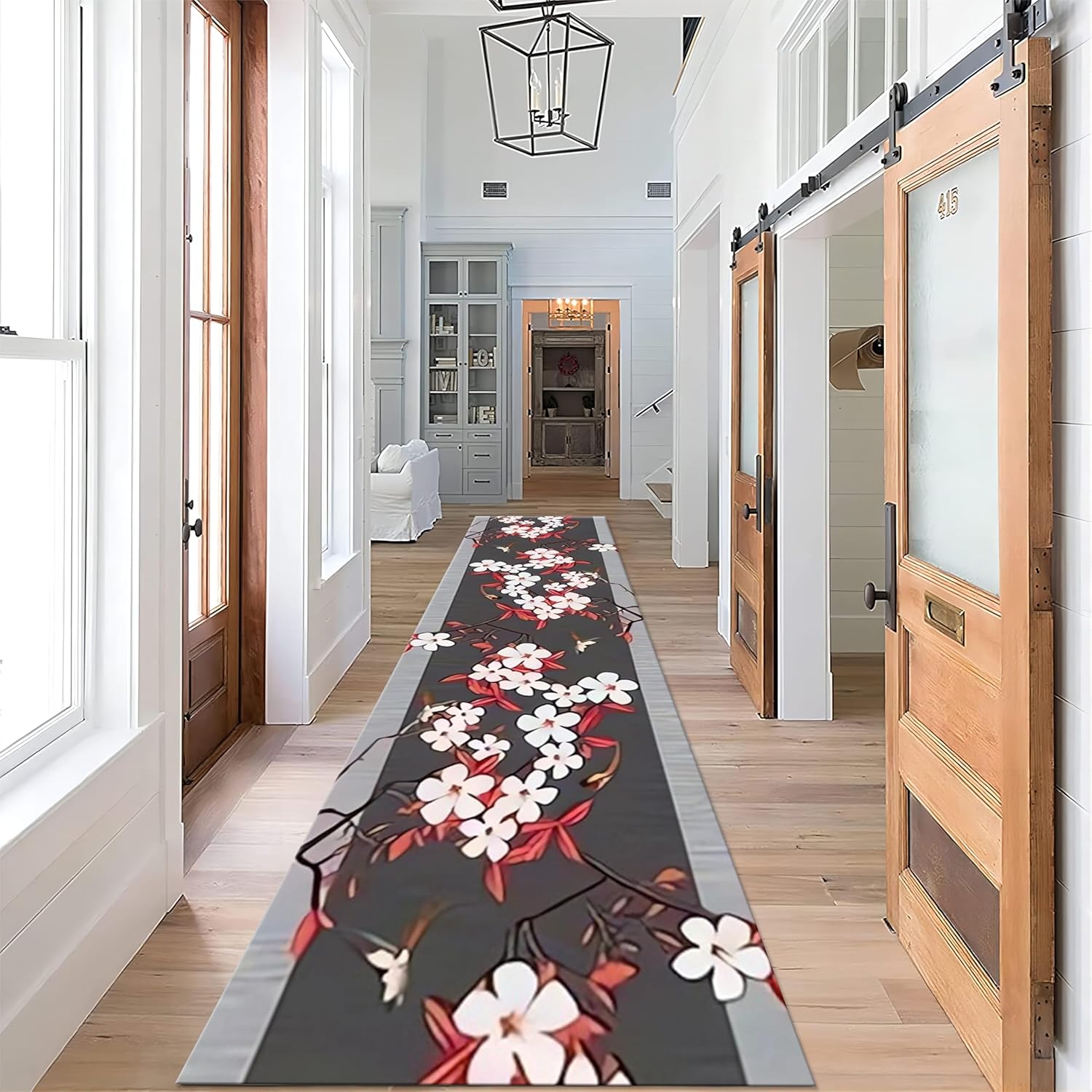 Chinese Traditional Plum Blossom Living Room Carpet, 2.6x10ft, Red Plum Blossom Branch Indoor Area Mat, Washable Durable Runner Rug, Non Skid Absorbent Non-Shedding Rugs for Entryway