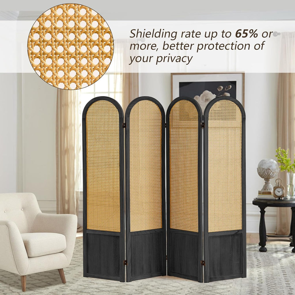 4 Panel Rattan Room Divier, Room Divider Panel and Folding Privacy Screens, Room Divider Wall, Solid Wood Frame, Partition Room Dividers, Bedroom, Dining Room, Lounge, Black