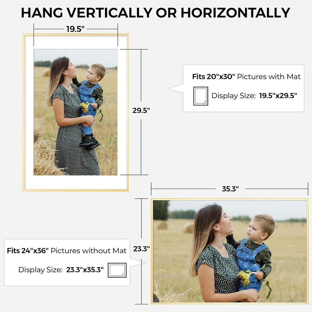 RICHFOCUS Aluminum Picture Frame - 24x36 Gold Metal Frame with Mat for 20x30 Photo, Floating Frame with Tempered Glass - Poster Frame Wall Hook Included for Gallery Wall, Set of 2