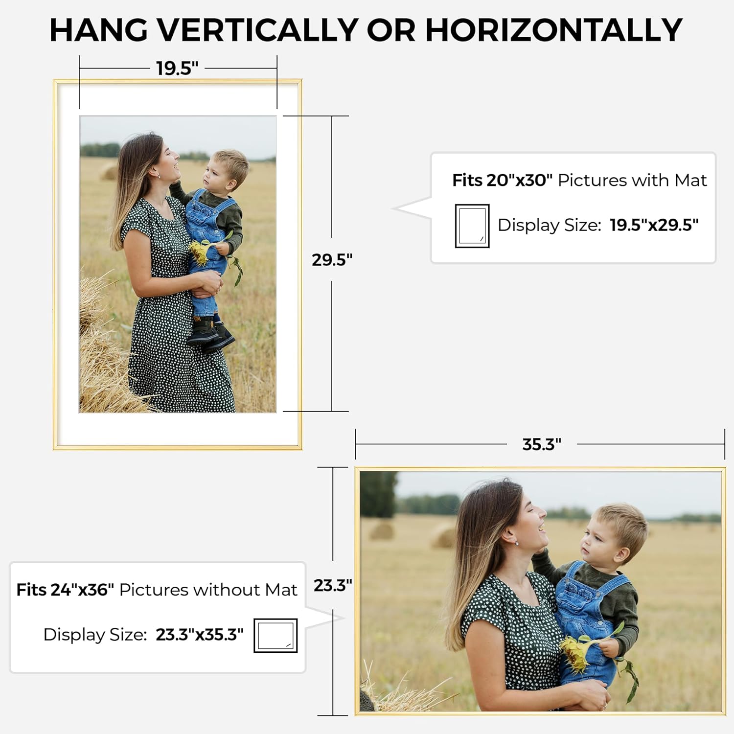 RICHFOCUS Aluminum Picture Frame - 24x36 Gold Metal Frame with Mat for 20x30 Photo, Floating Frame with Tempered Glass - Poster Frame Wall Hook Included for Gallery Wall