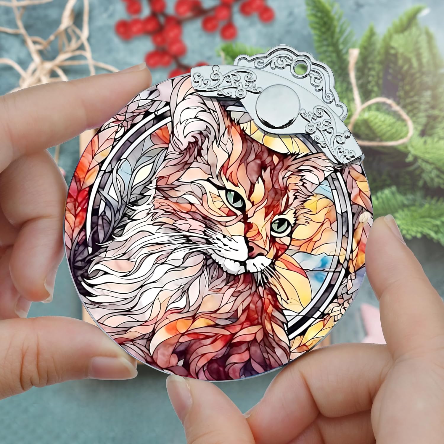 Stained Glass Christmas Ornament, Jocidea Cat Christmas Decorations, Christmas Tree Ornament, Cat Lovers Gifts, Holiday Decor and Xmas Gifts Ideas