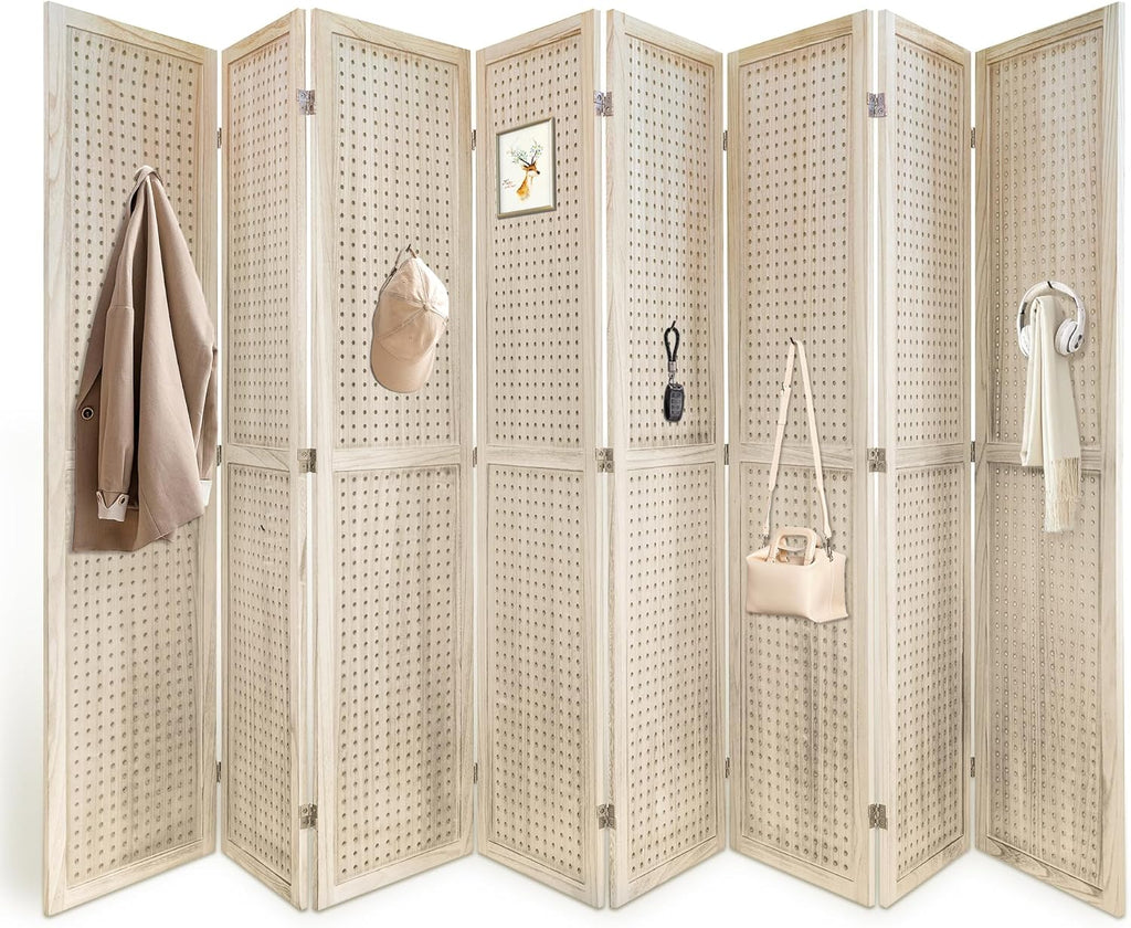 8 Panel Room Dividers 5.6FT Wall Divider with Freestanding Peg Board Display Wooden Folding Privacy Screen Foldable Partition Wall for Studio Apartment, Living Room, Natural Wood