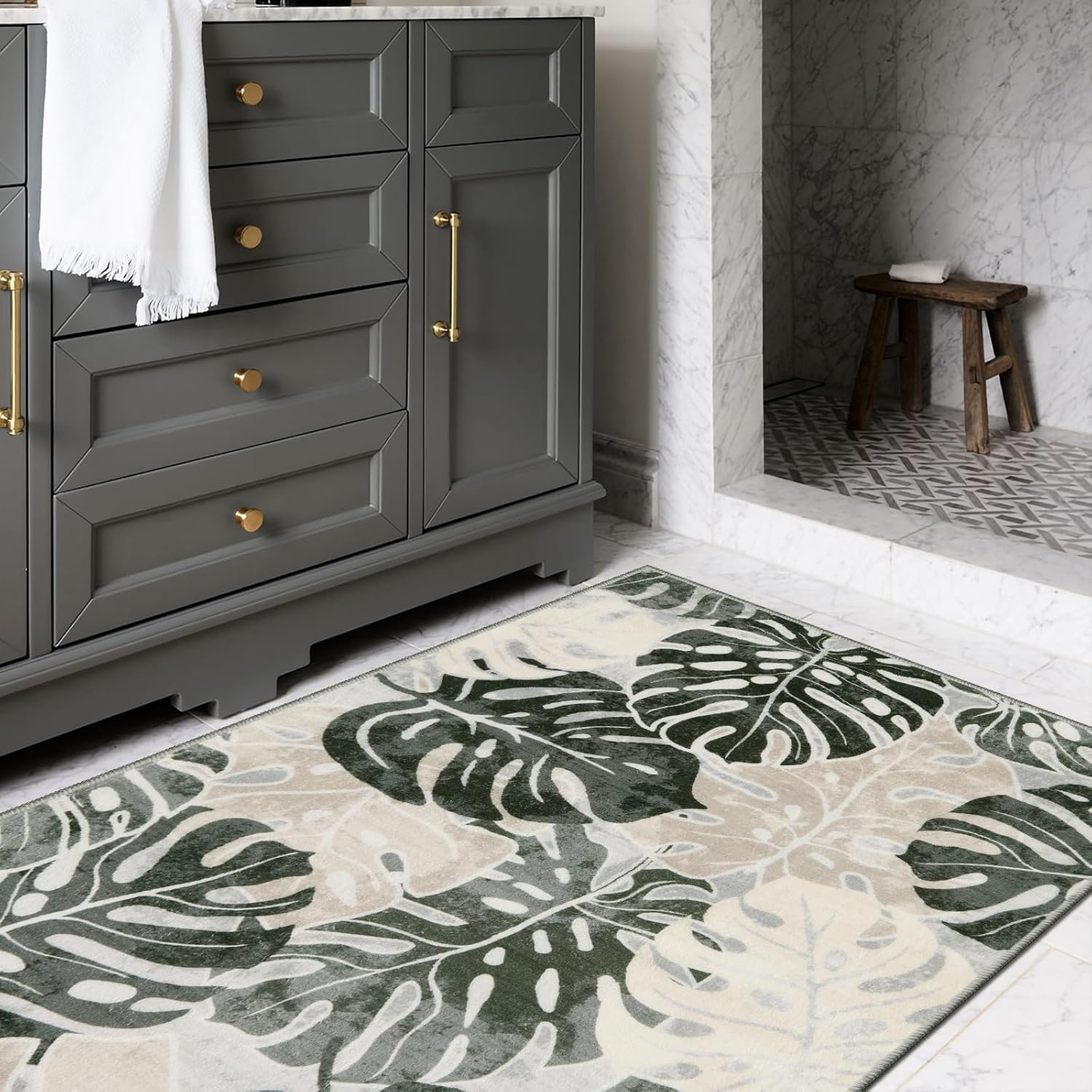 Wonnitar 3x5 Tropical Washable Rug, Monstera Leaf Bathroom Carpet Non-Slip Living Room Throw Rugs, Soft Low Pile Bath Mat Bedside Floor Carpet for Bedroom Laundry Kitchen Decor, Dark Jungle Green