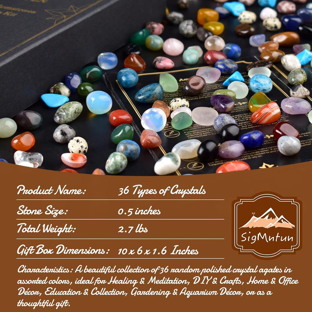 Polished Healing Crystal Stones Set – 36 Different Natural Gemstone Types, 2.5 lbs of 0.5" Tumbled Decorative Rocks Collection for Chakra, Meditation, Reiki, Energy Work, Crafts, Gifts