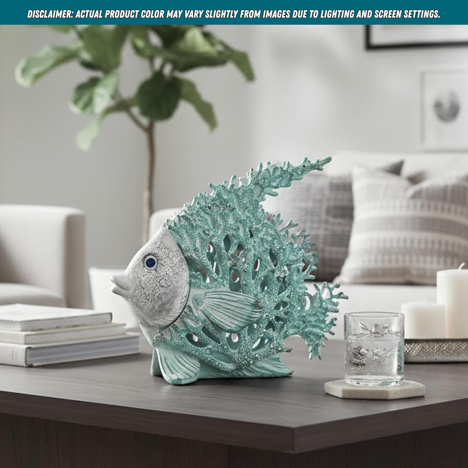 Ocean Decor Coral Reef Angelfish Sculpture Beach Home Decor Coastal Coral Look Tabletop Collection 12 in x 11 in (Seafoam)
