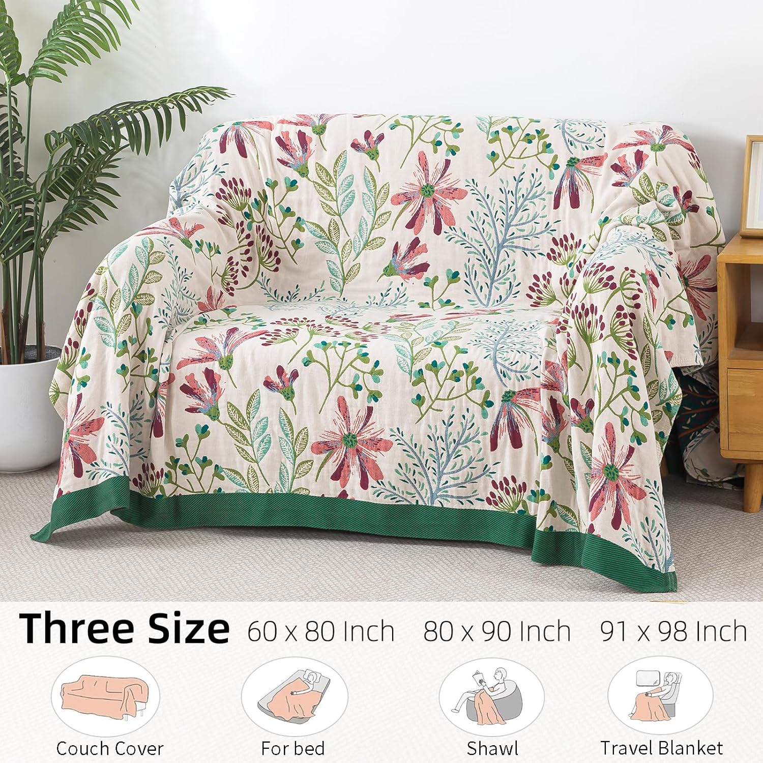 Boho Throw Blanket for Bed, 100% Pure Cotton Ultra Soft Rustic Quilt, Farmhouse Decor Bed Blankets, All Season Rustic Throw for Sofa Couch Chair(91"x 98", Boho Floral)
