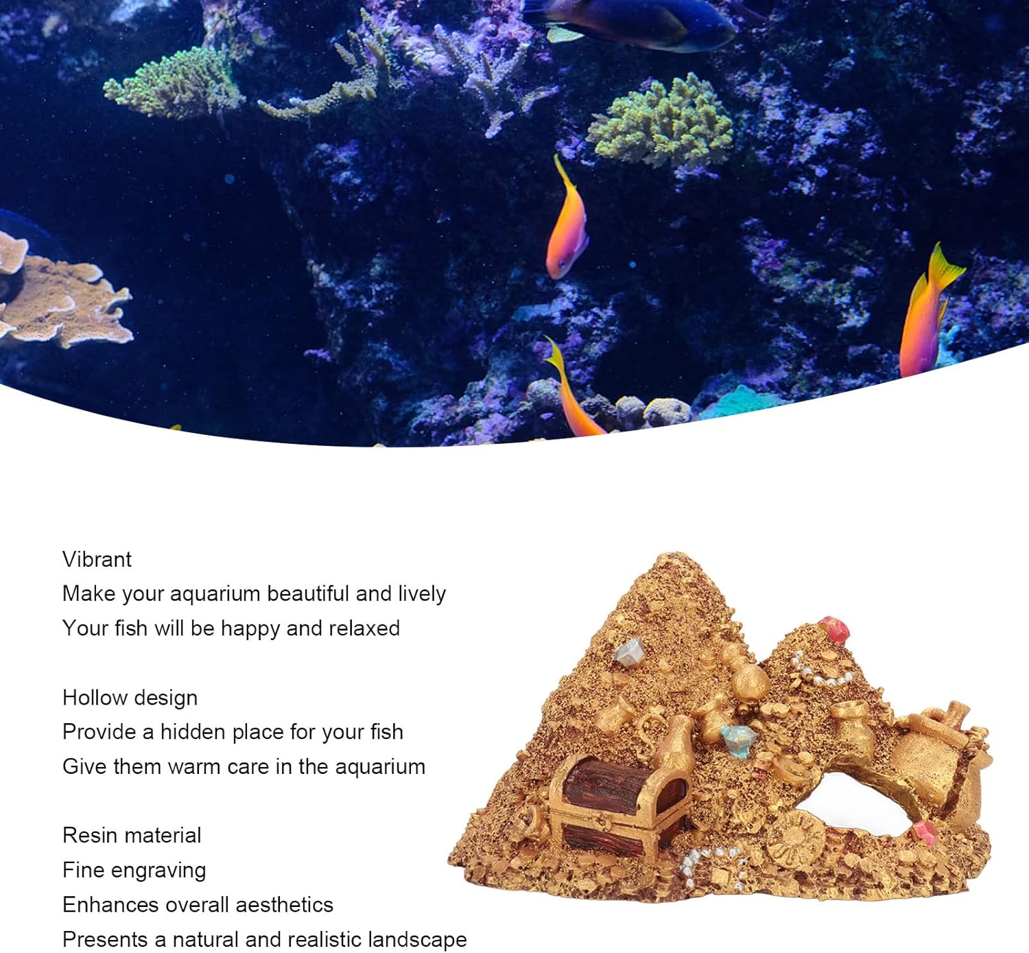 Aquarium Decoration Cave, Fish Tank Gold Mountain Simulation Resin Aquarium Treasure Mountain Hideouts Decoration for Freshwater Saltwater 4.3 x 4.7 x 5.9 inch