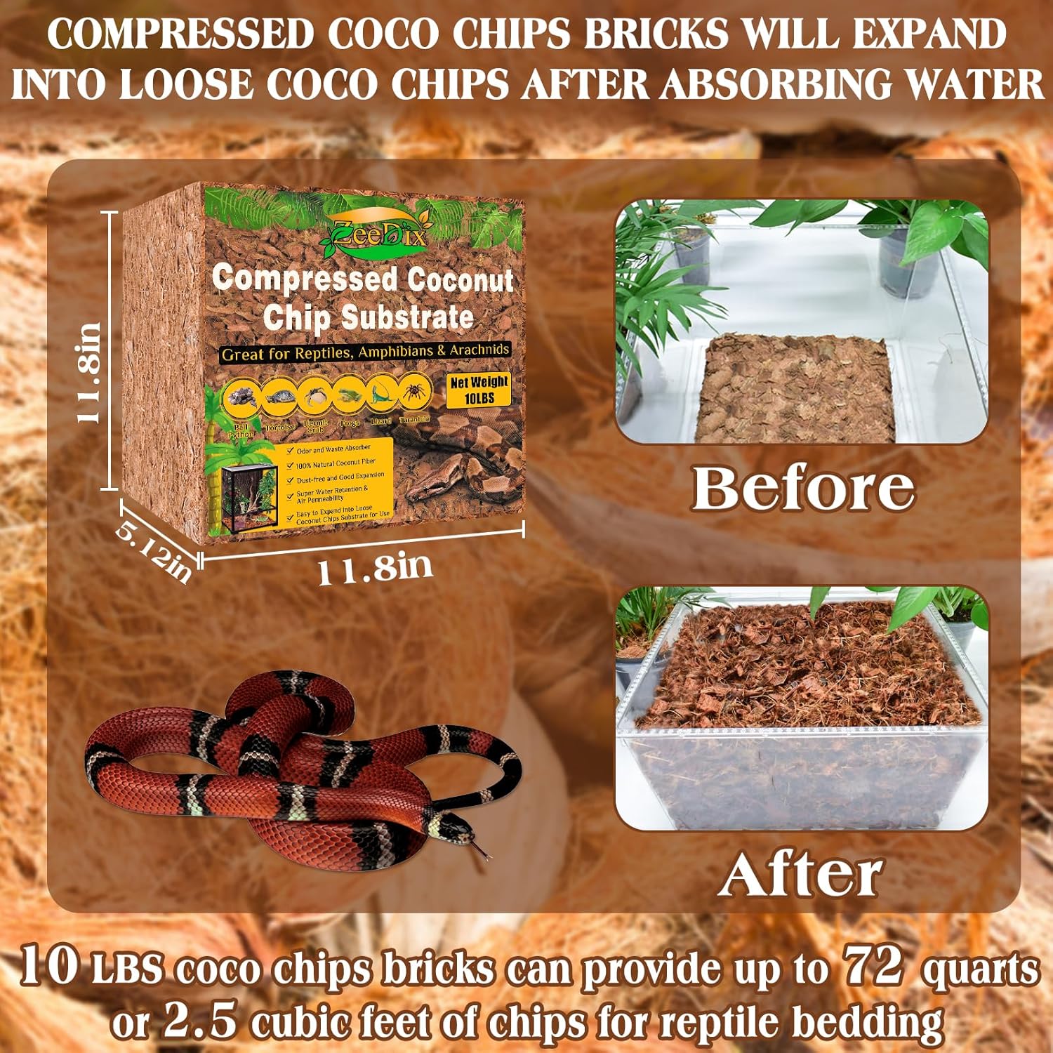 ZeeDix 10LBS Coconut Husk Chip Substrate for Reptiles, 72QT Compressed Organic Coco Coir Chips for Snake Habitat, Reptile Bedding for Ball Python, Tortoises, Geckos, Lizards Terrarium Tanks