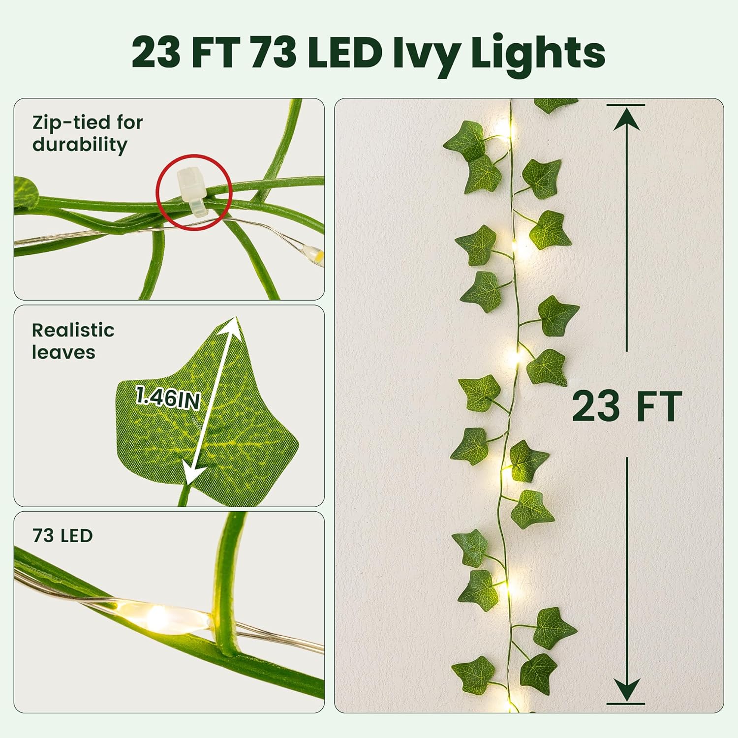 HEYFUNi Vines with Lights, 23 Ft 73 Led Fake Ivy Vines with Fairy Lights USB/Battery Operated, Leaf String Lights for Bedroom, Wall, Balcony, Wedding Decor, Warm White
