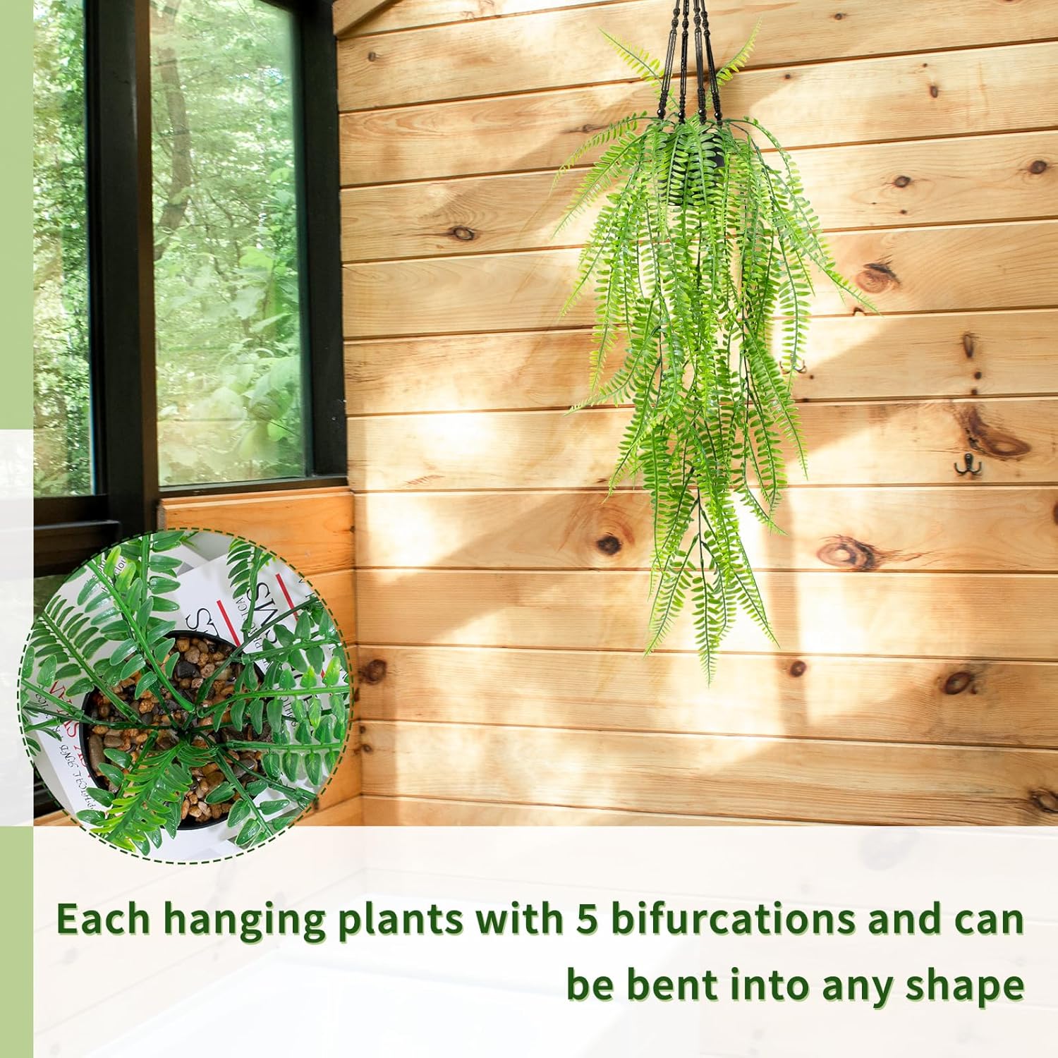 LOYWREE 2Pack Small Fake Hanging Plant with Pot, Artificial Potted Fern Plant, 28.7-in Long Faux Hanging Ferns Vine Plant for Shelf Home Office Indoor Outdoor Garden Greenery Decor (Black Pot)