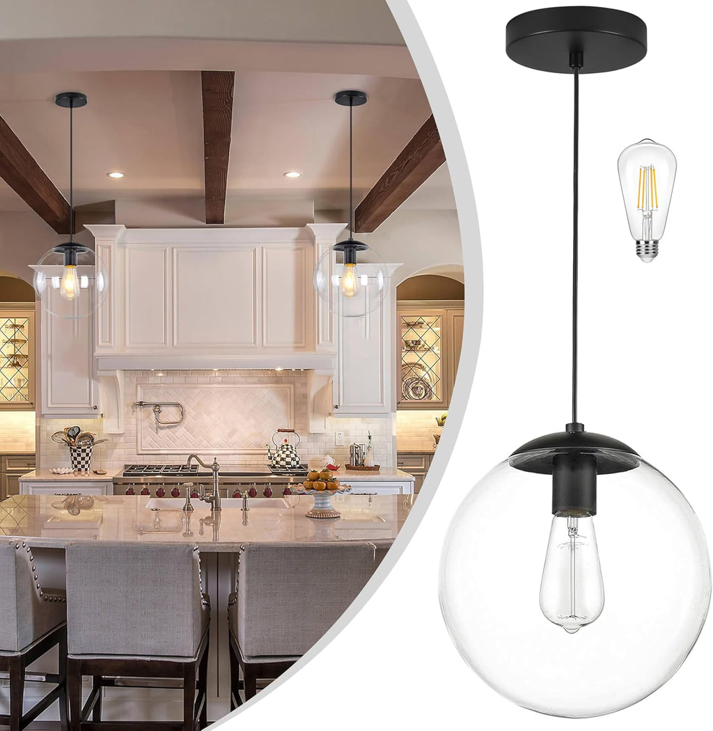 KoKo&Yukina 10" Globe Pendant Light Black Mid Century Pendant Light Mid Century Adjustable Hanging Light Fixture Matte Black Finished with Clear Glass Lampshade for Dining Room Bedroom Kitchen Island