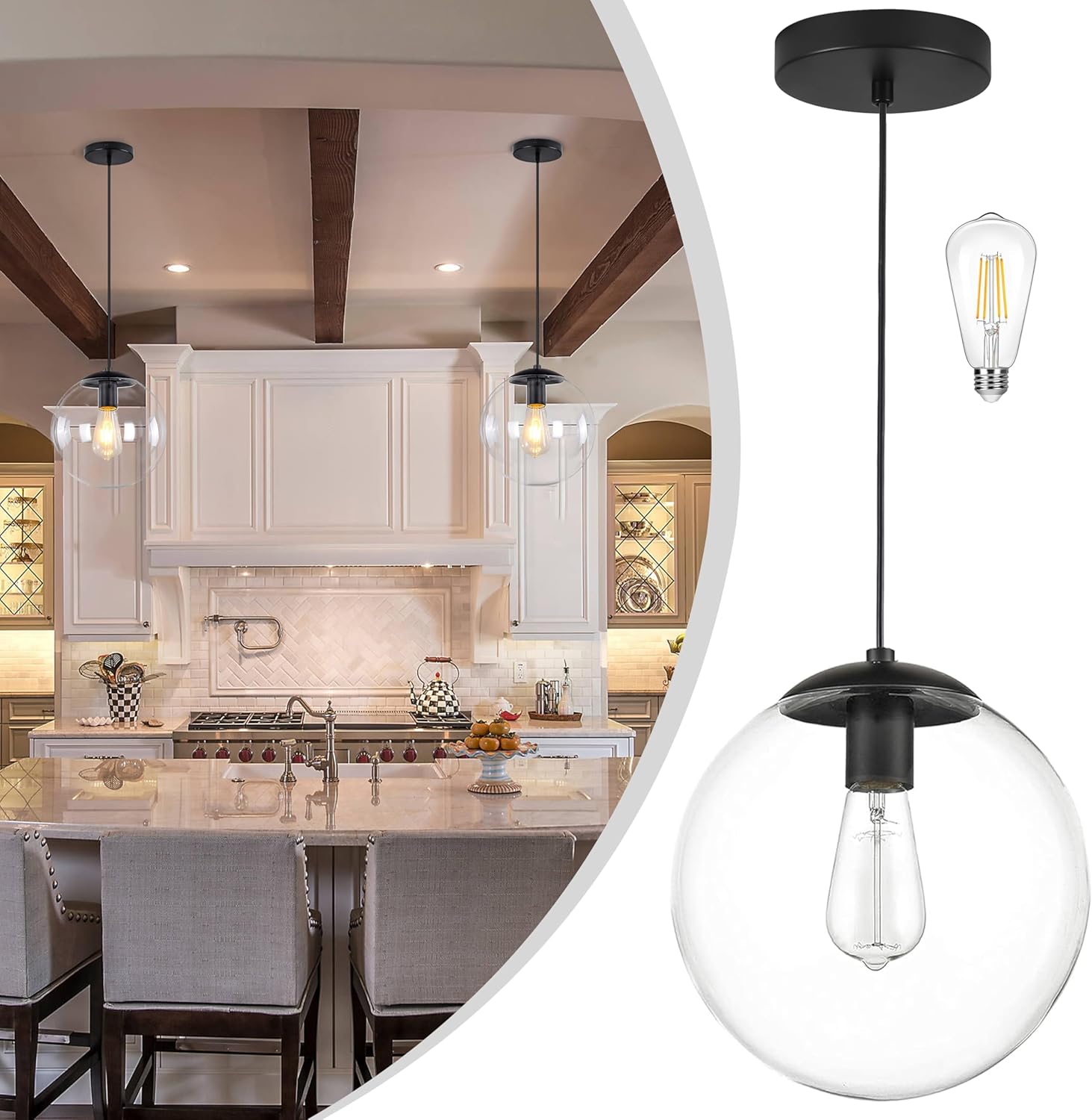 KoKo&Yukina 10" Globe Pendant Light Black Mid Century Pendant Light Mid Century Adjustable Hanging Light Fixture Matte Black Finished with Clear Glass Lampshade for Dining Room Bedroom Kitchen Island