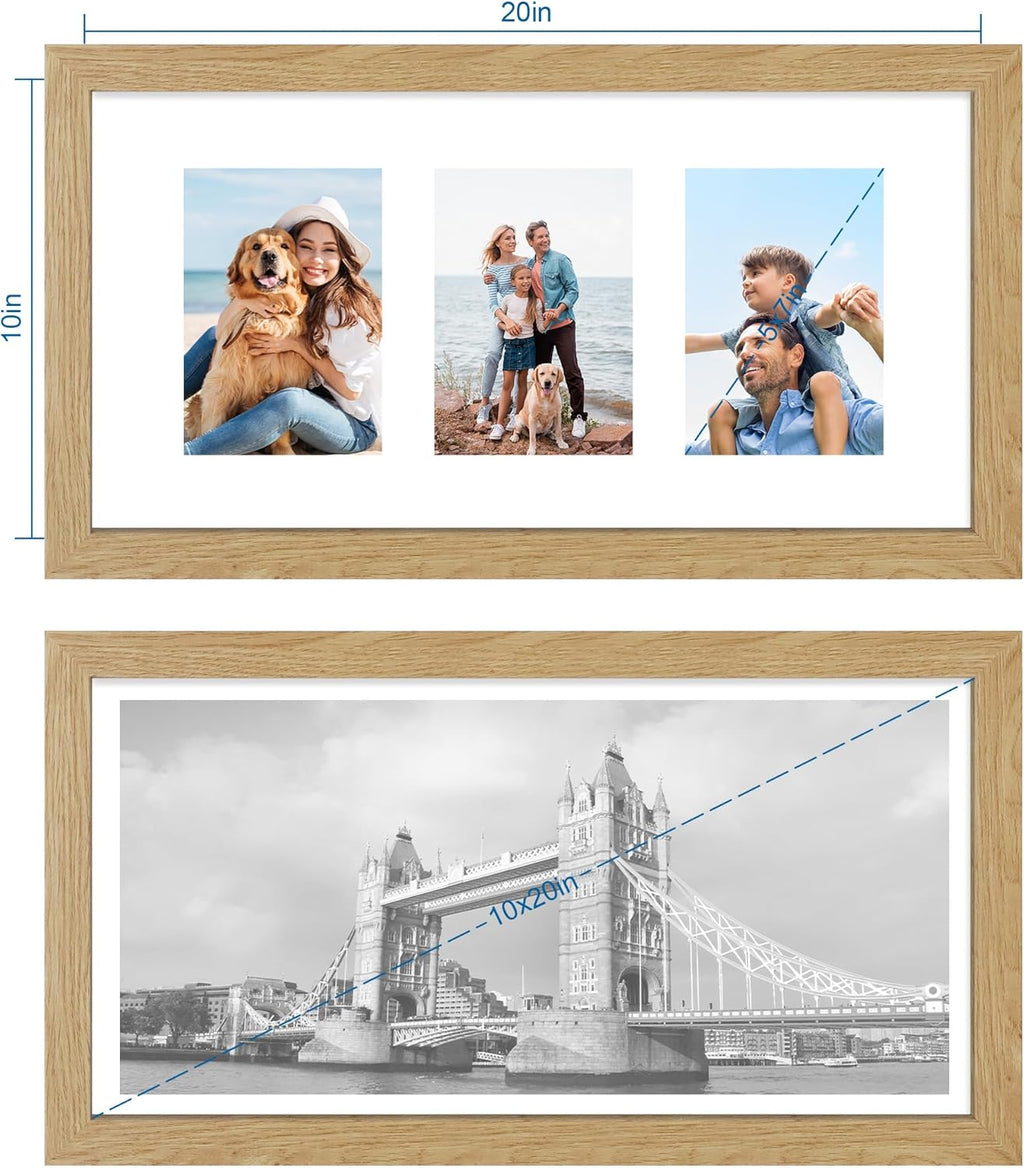 10x20 Picture Frame Set of 2, Natural Oak Wood Frame with Real Glass Collage Frame, Display Pictures Three 5x7 With Mat or 10 x 20 Without Mat - Horizontal or Vertical Wall Mounting